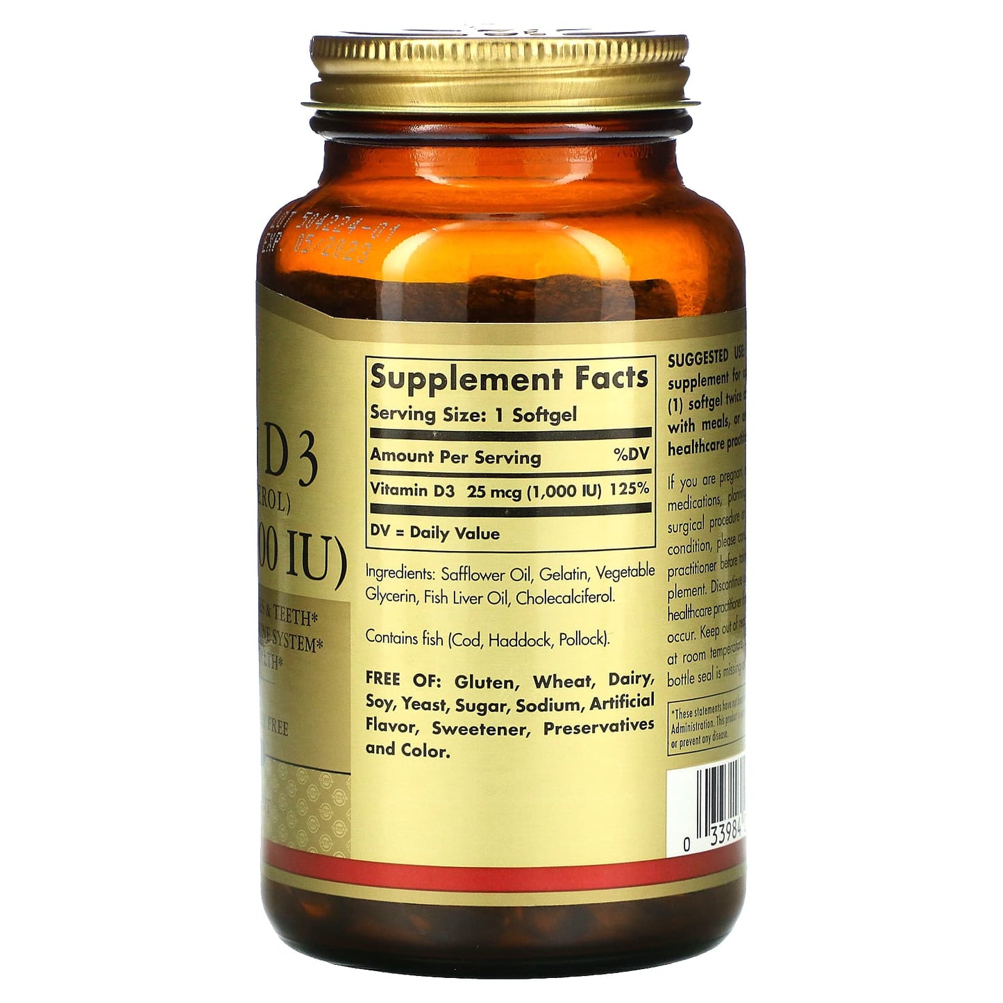 Solgar, Vitamin D3 1000 IU, 250 Softgels UPC 033984033412 | HiLife Vitamins