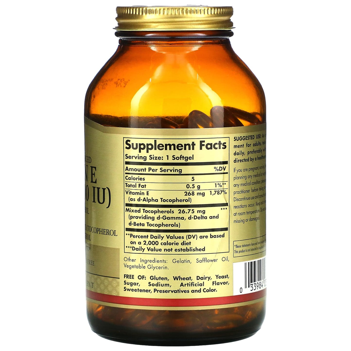 Solgar, Vitamin E 400 IU Mixed, 250 Softgels UPC 033984035423 | HiLife Vitamins