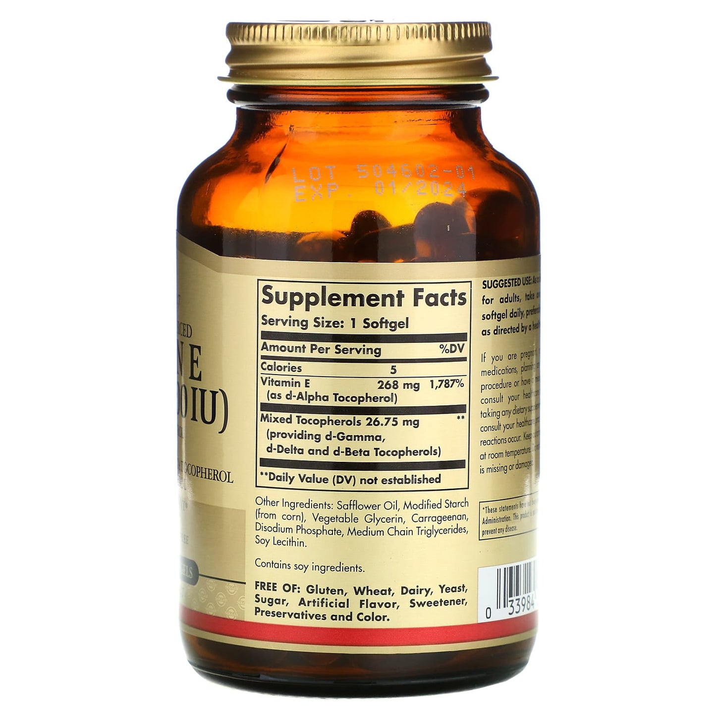 Solgar, Vitamin E 400 mg Mixed, 100 Softgels UPC 033984035478 | HiLife Vitamins