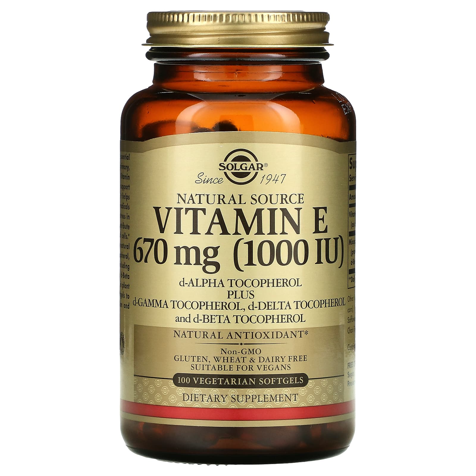 Solgar, Naturally Sourced Vitamin E, 670 mg (1,000 IU), 100 Vegetarian Softgels UPC 033984035669 | HiLife Vitamins