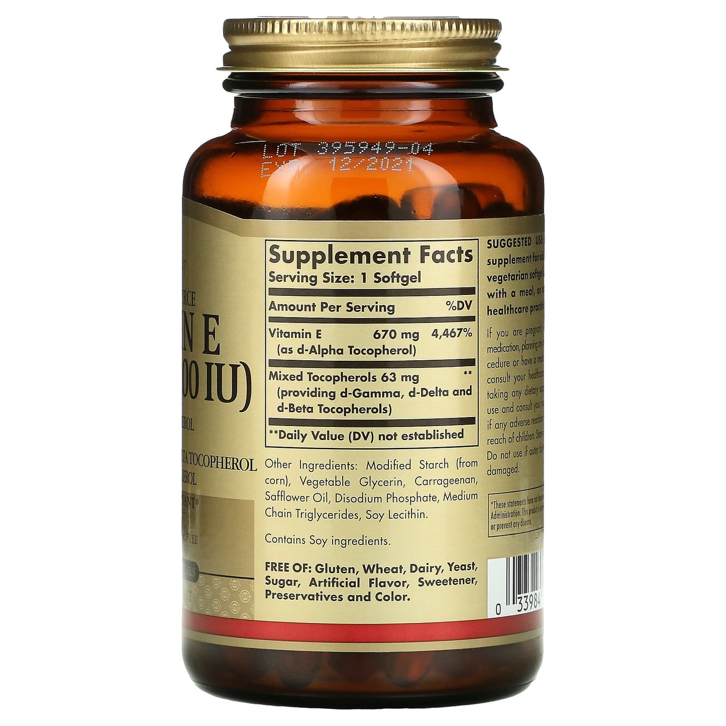 Solgar, Naturally Sourced Vitamin E, 670 mg (1,000 IU), 100 Vegetarian Softgels UPC 033984035669 | HiLife Vitamins