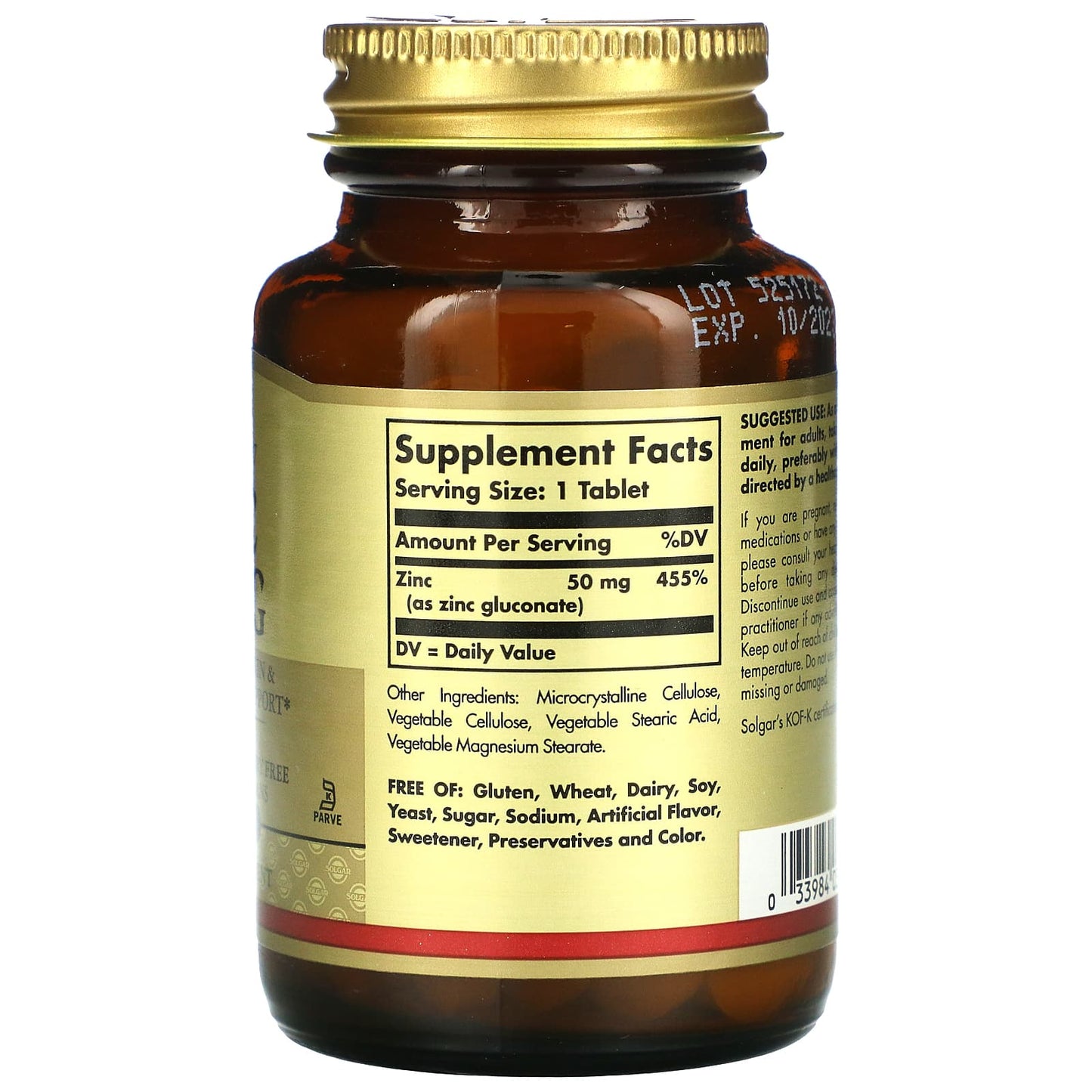 Solgar, Zinc, 50 mg, 100 Tablets UPC 033984037205 | HiLife Vitamins