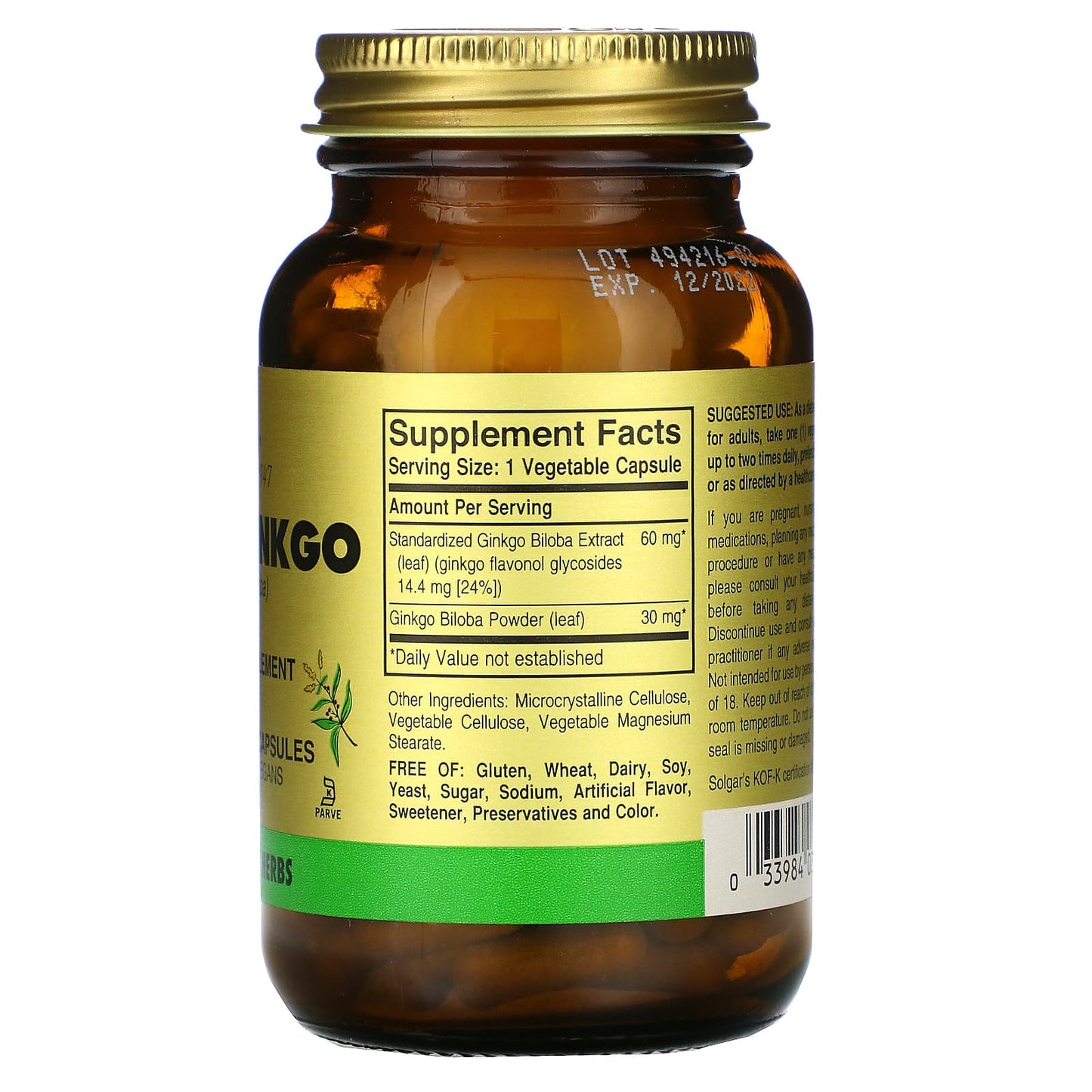 Solgar, Super Ginkgo 60 mg, 100 Vegetable Capsules UPC 033984039155 | HiLife Vitamins