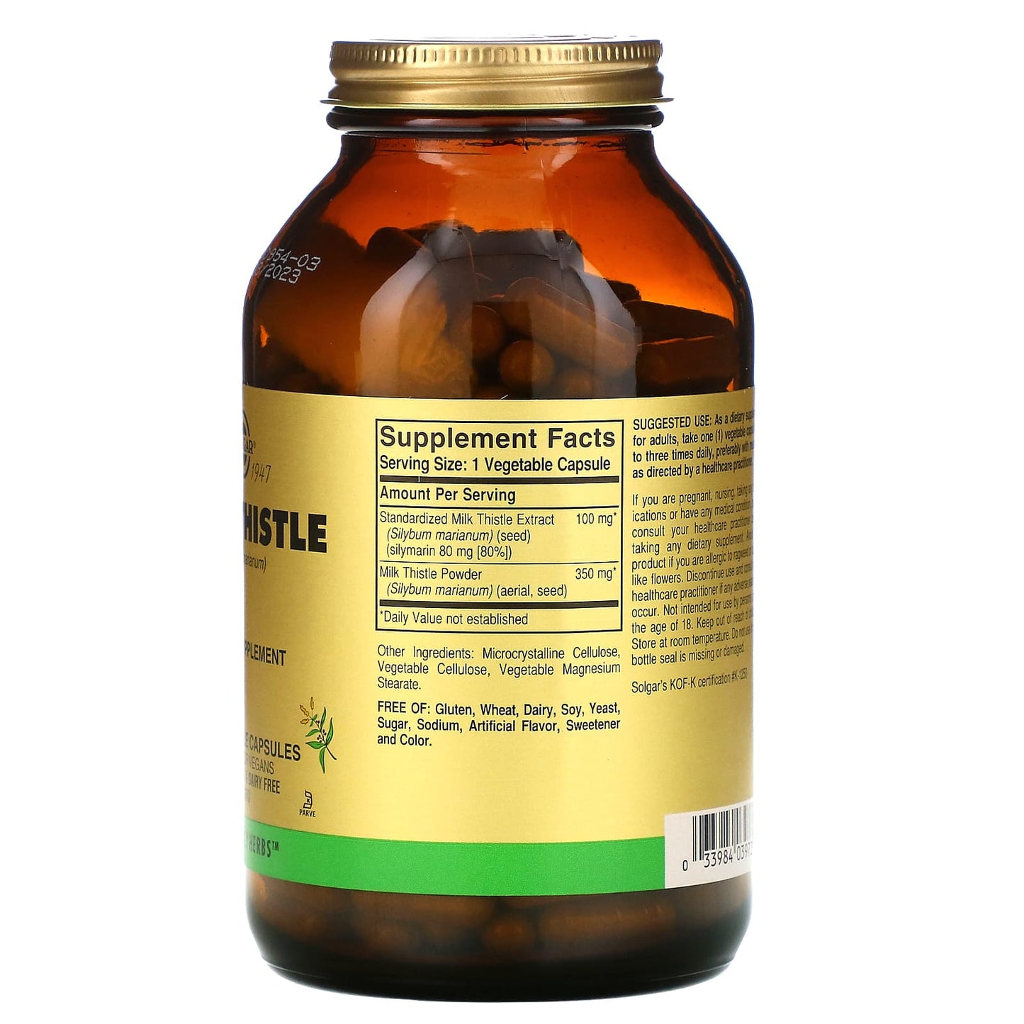 Solgar, Milk Thistle 100 mg F/P, 250 Vegetable Capsules UPC 033984039735 | HiLife Vitamins