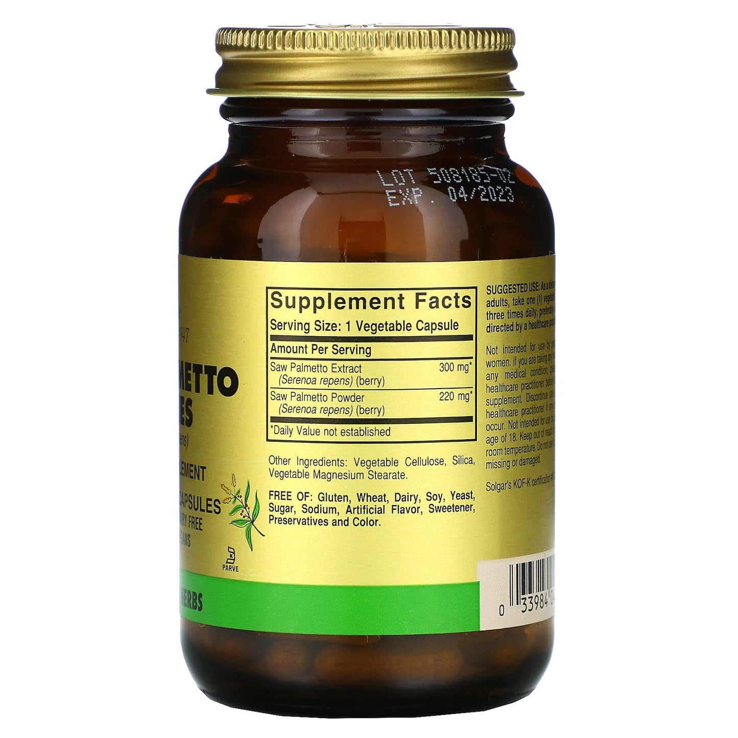 Solgar, Saw Palmetto Fruit Berries, 100 Vegetable Capsules UPC 033984040236 | HiLife Vitamins
