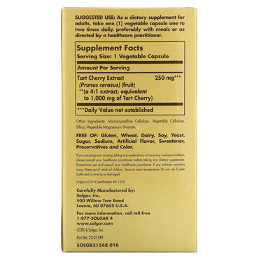 Solgar, Tart Cherry 1000 mg, 90 Vegetable Capsules UPC 033984315495 | HiLife Vitamins