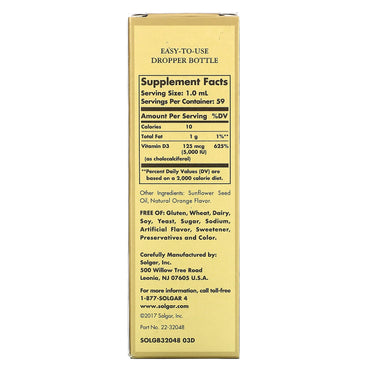 Solgar, D3 5000 IU Orange Flavor, 2 Oz UPC 033984320482 | HiLife Vitamins