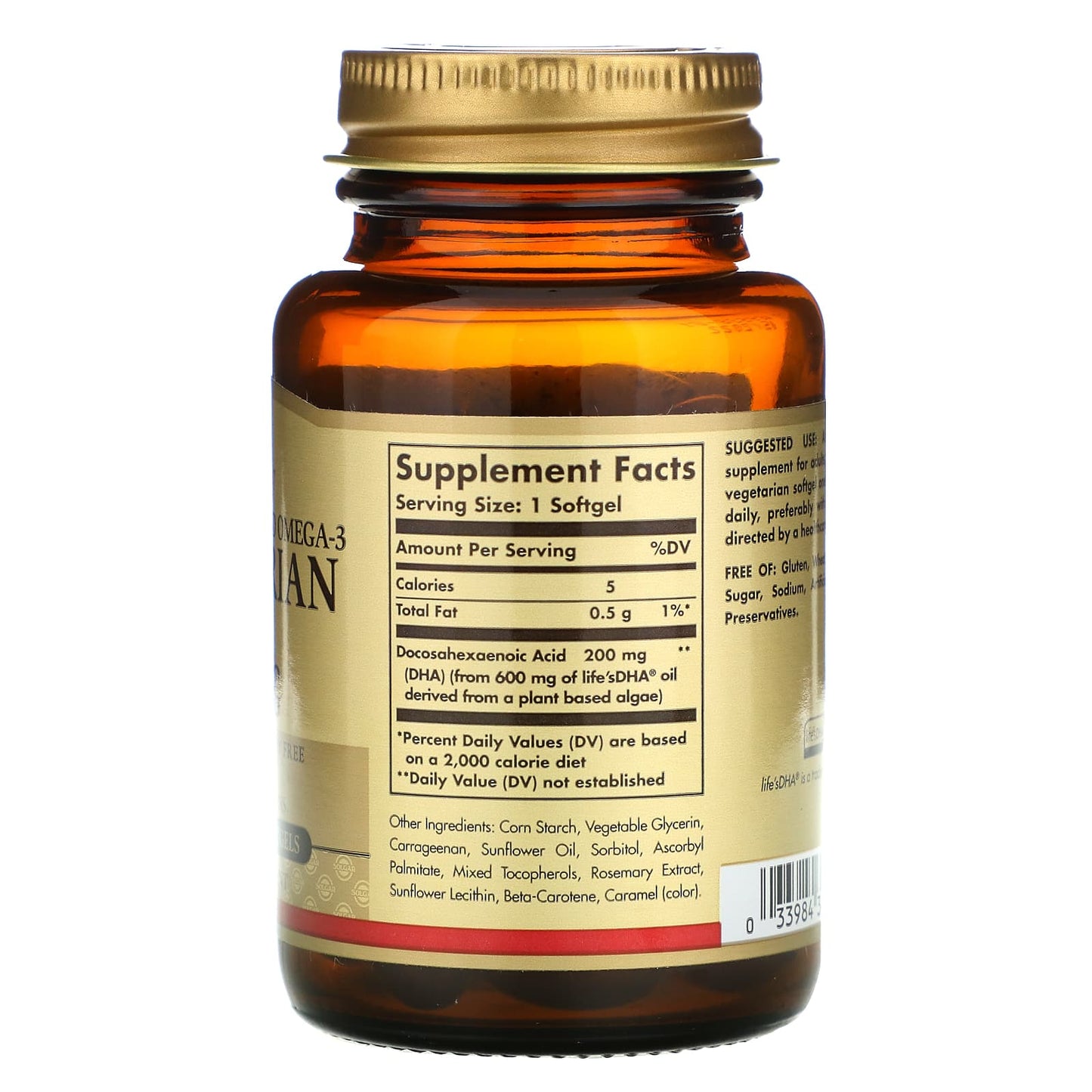 Solgar, Natural Omega-3 Vegetarian Dha 200 mg, 50 Vegetarian Softgels UPC 033984348455 | HiLife Vitamins
