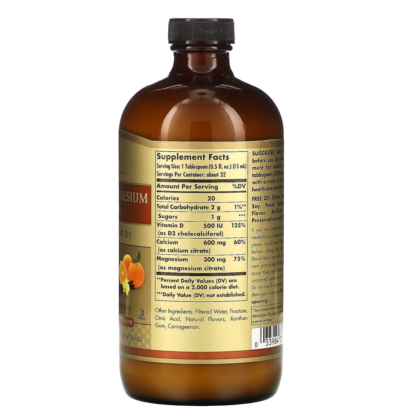 Solgar, Calcium Magnesium Citrate With Liquid Vitamin D3 Natural Orange-Vanilla Flavor, 16 Oz UPC 033984358324 | HiLife Vitamins