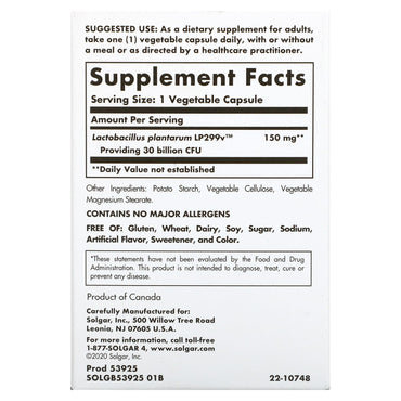 Solgar, Probi 30 Billion, 30 Vegetable Capsules UPC 033984539259 | HiLife Vitamins
