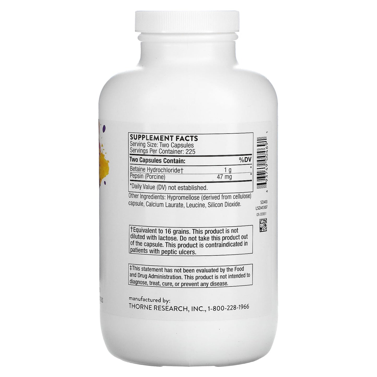 Thorne Research, Betaine Hcl/Pepsin, 450 Capsules UPC 693749004691 | HiLife Vitamins