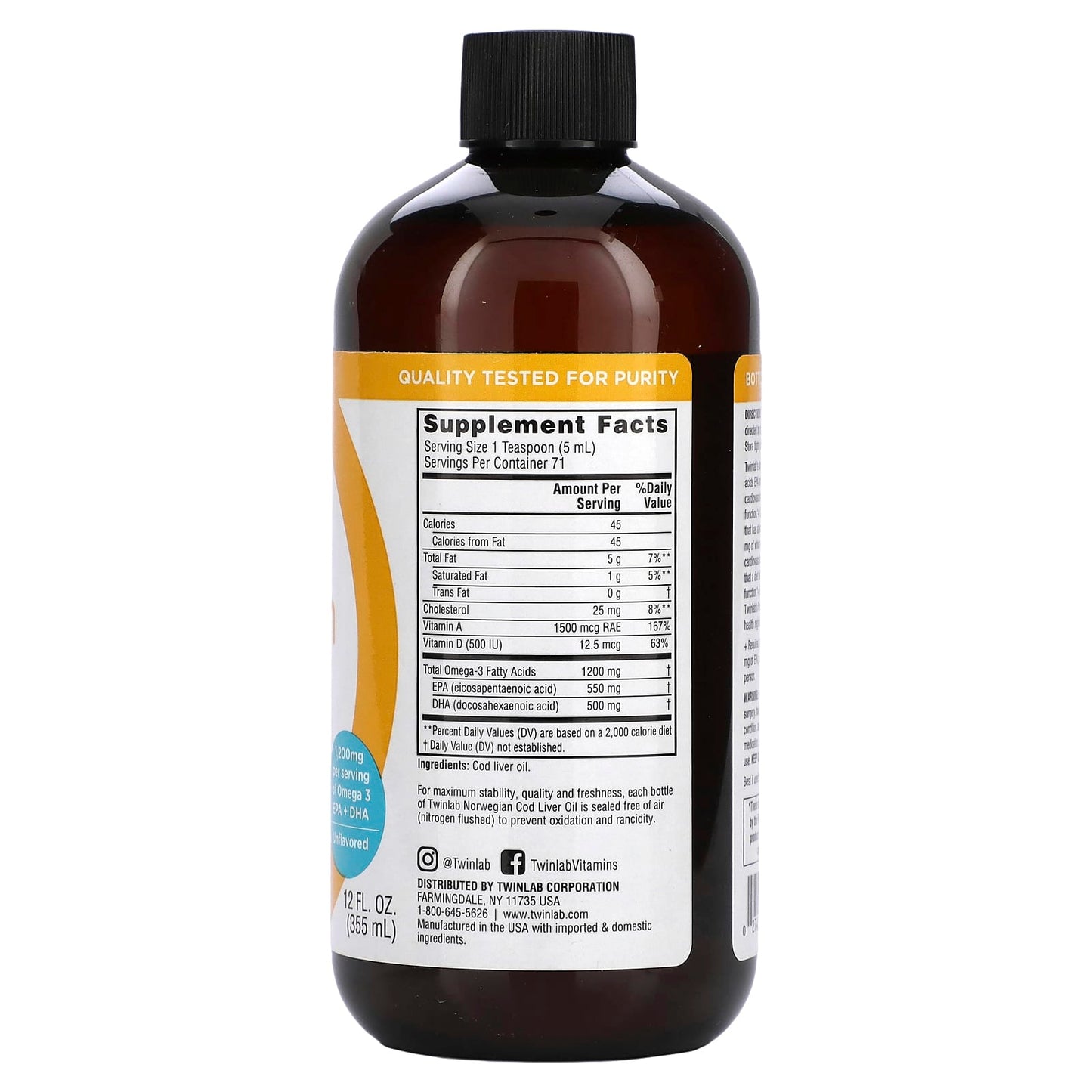 Twinlab, Cod Liver Oil Norwegian Unflavored, 12 Oz UPC 027434012249 | HiLife Vitamins