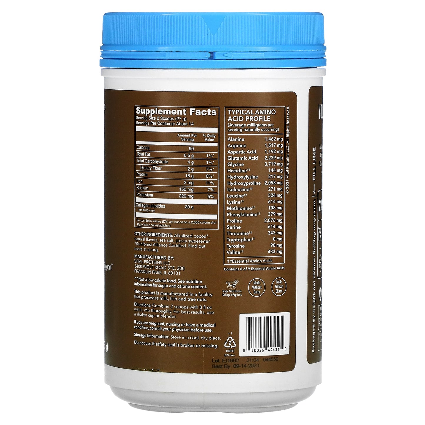 Vital Proteins, Collagen Peptides Chocolate, 13.5 oz UPC 850026494310 | HiLife Vitamins