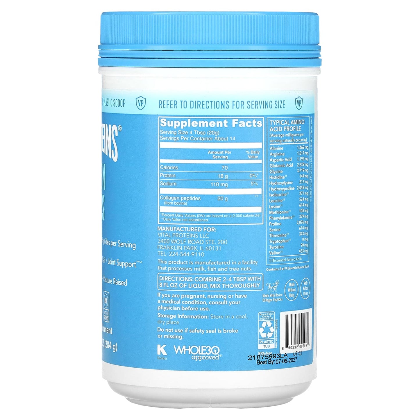 Vital Proteins, Collagen Peptides, Unflavored, 10 oz UPC 850232005096 | HiLife Vitamins