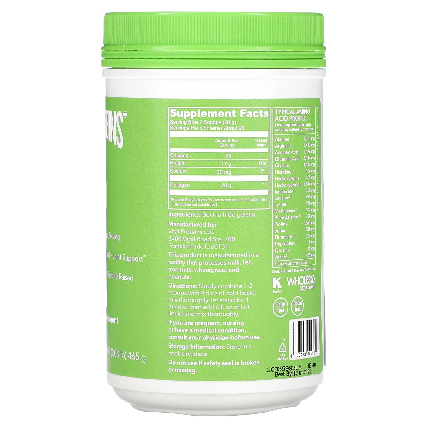 Vital Proteins, Beef Gelatin, 16.4 Oz UPC 850232005102 | HiLife Vitamins