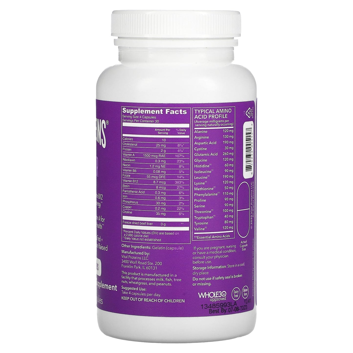 Vital Proteins, Beef Liver, 120 Capsules UPC 850232005157 | HiLife Vitamins