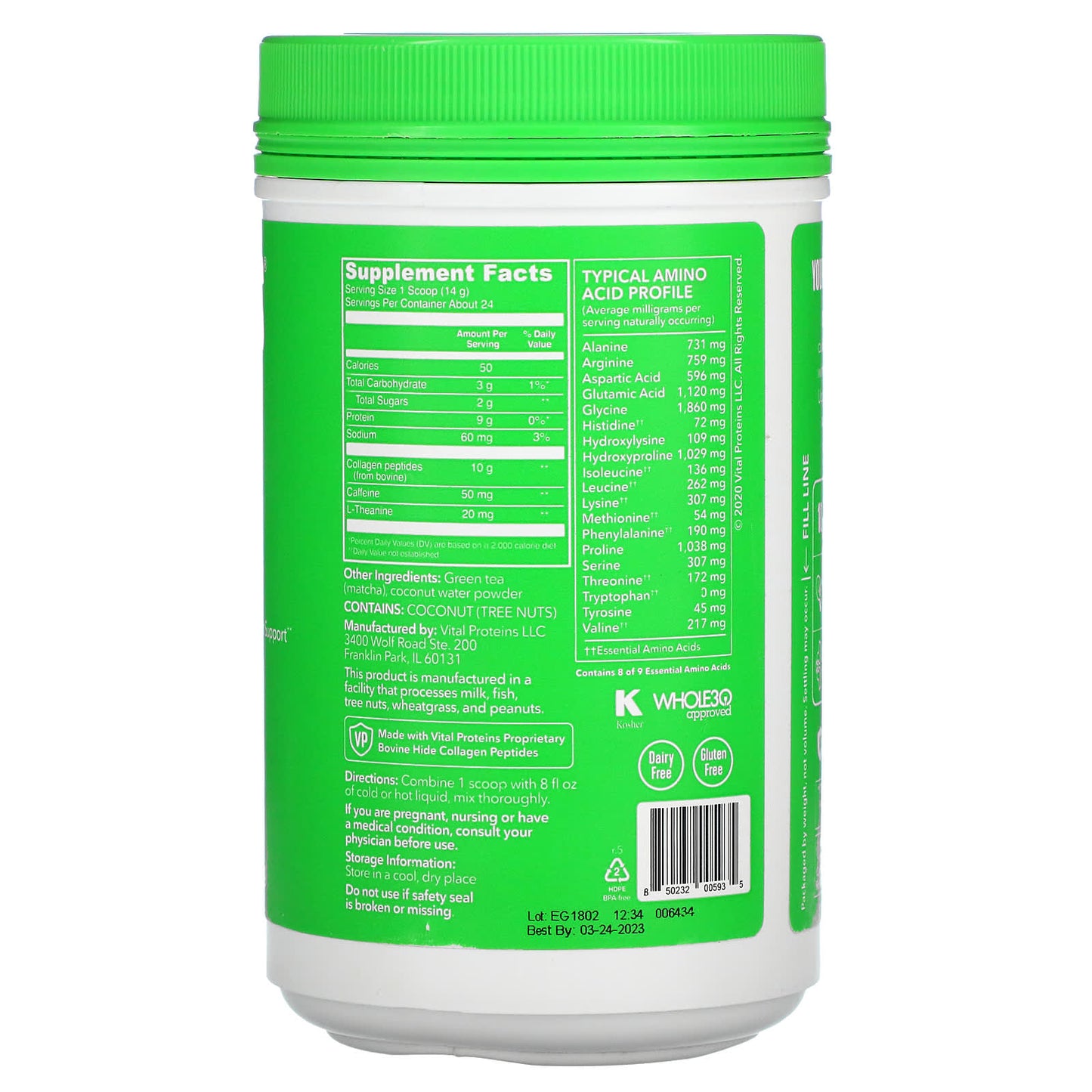 Vital Proteins, Collagen Peptides Matcha, 12 Oz UPC 850232005935 | HiLife Vitamins