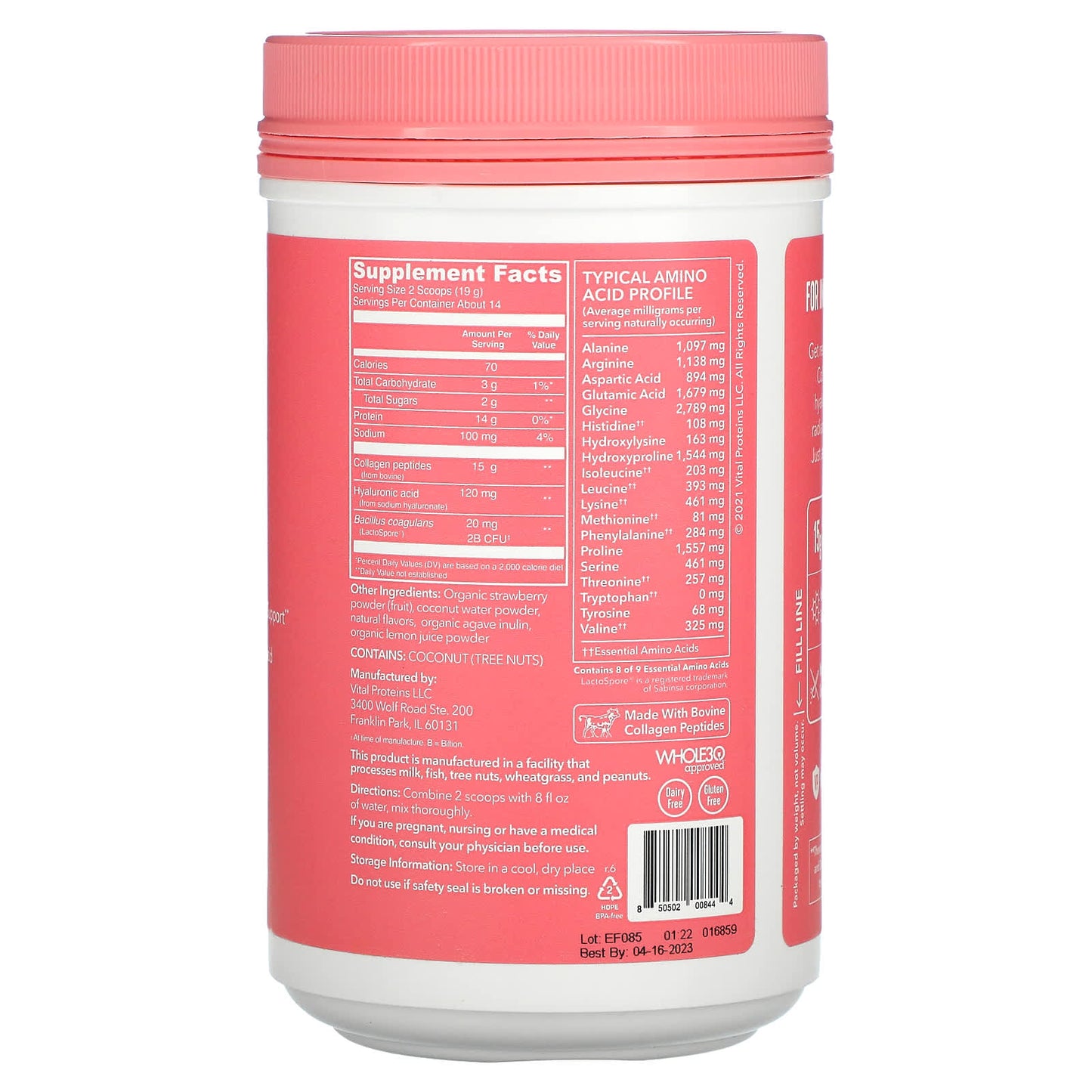 Vital Proteins, Beauty Collagen Strawberry Lemon, 9.6 Oz UPC 850502008444 | HiLife Vitamins