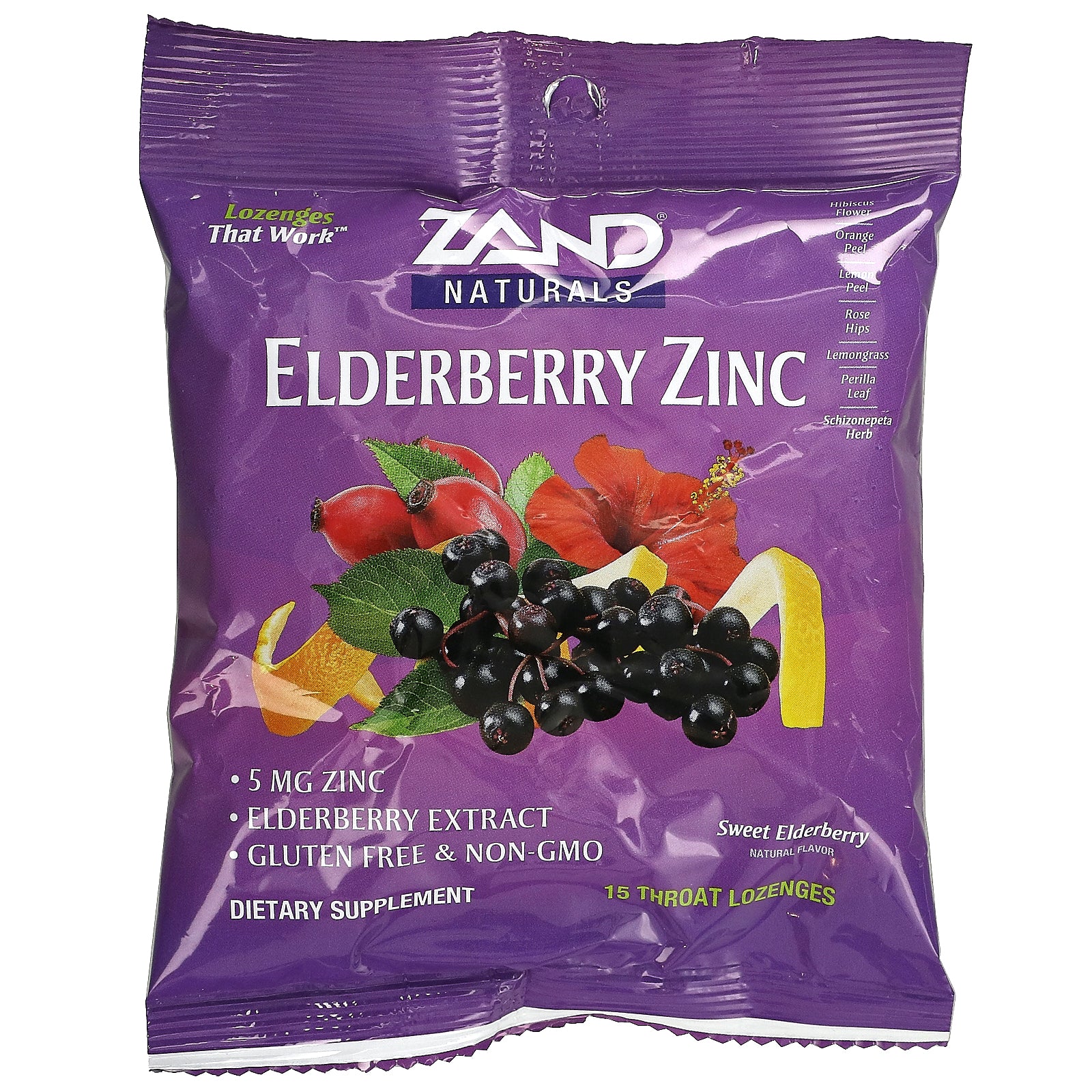 Zand, Elderberry Zinc, Sweet Elderberry, 15 Lozenges UPC 041954000098 | HiLife Vitamins