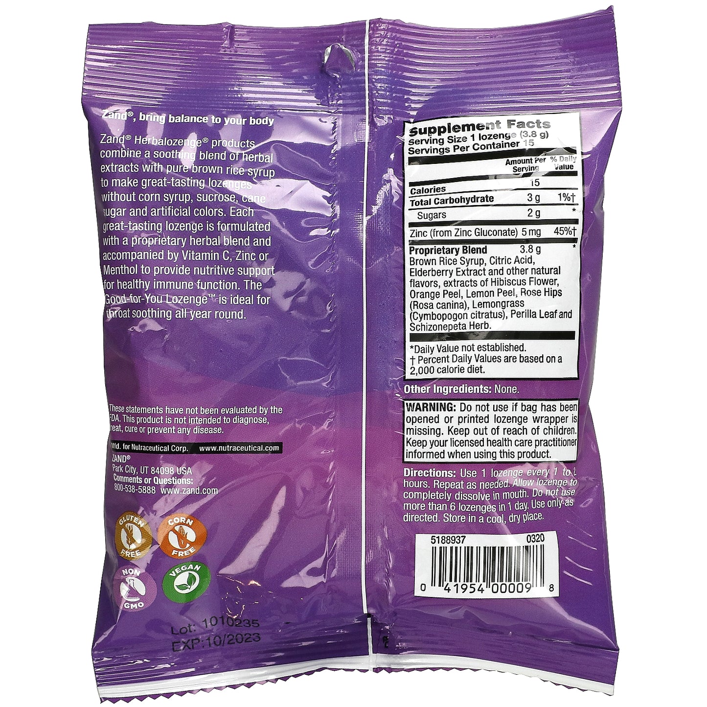 Zand, Elderberry Zinc, Sweet Elderberry, 15 Lozenges UPC 041954000098 | HiLife Vitamins