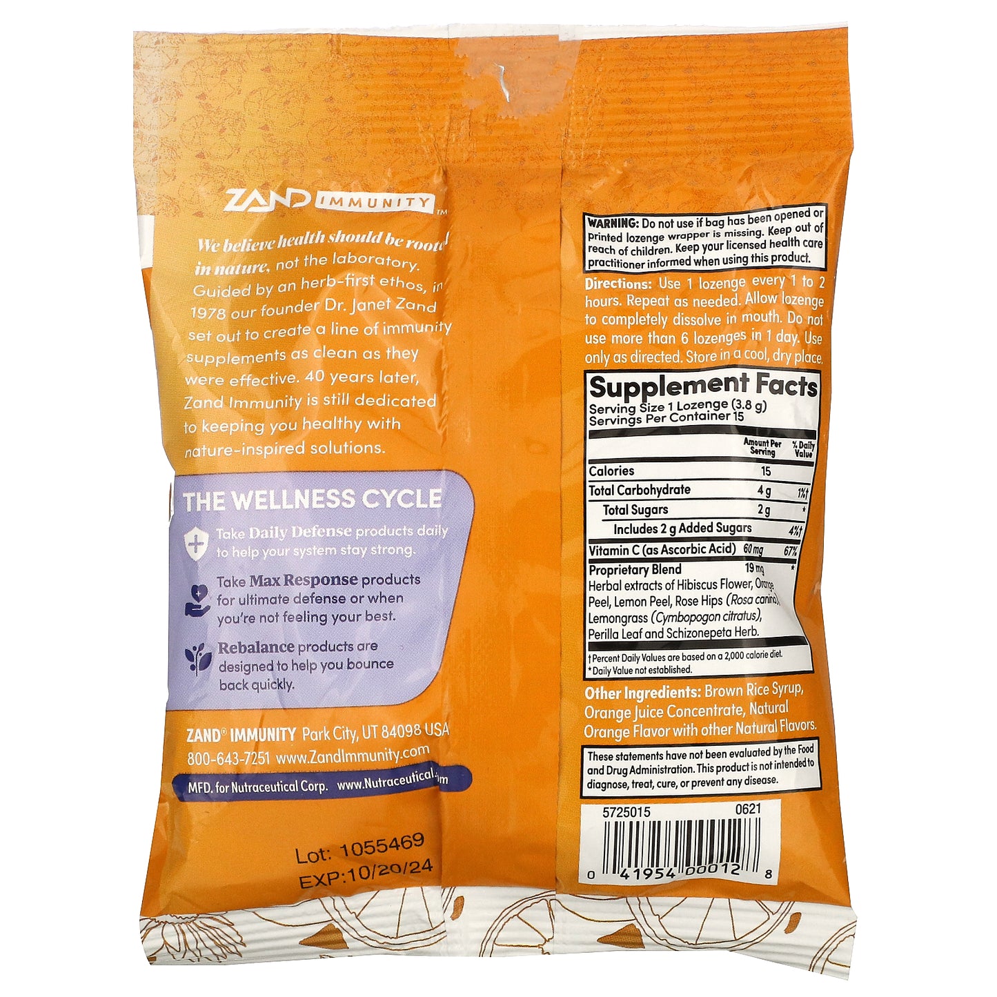 Zand, Immunity, Orange C, Zesty Orange, 15 Lozenges UPC 041954000128 | HiLife Vitamins