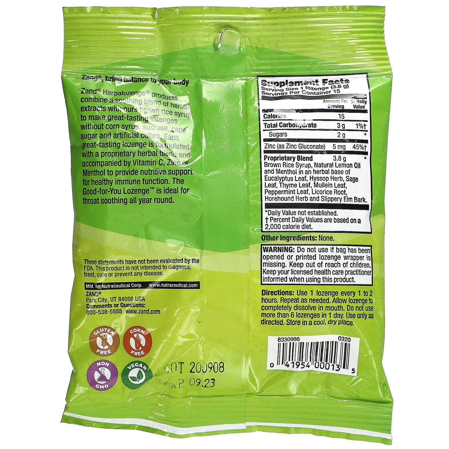 Zand, Lemon Zinc, Lemon Mint, 15 Lozenges UPC 041954000135 | HiLife Vitamins