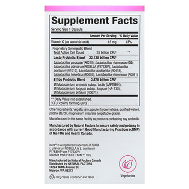 Natural Factors, Ultimate Probiotic Women's Every Day, 25 Billion, 30 Vegetarian Capsules UPC 068958018232 | Hilife Vitamins