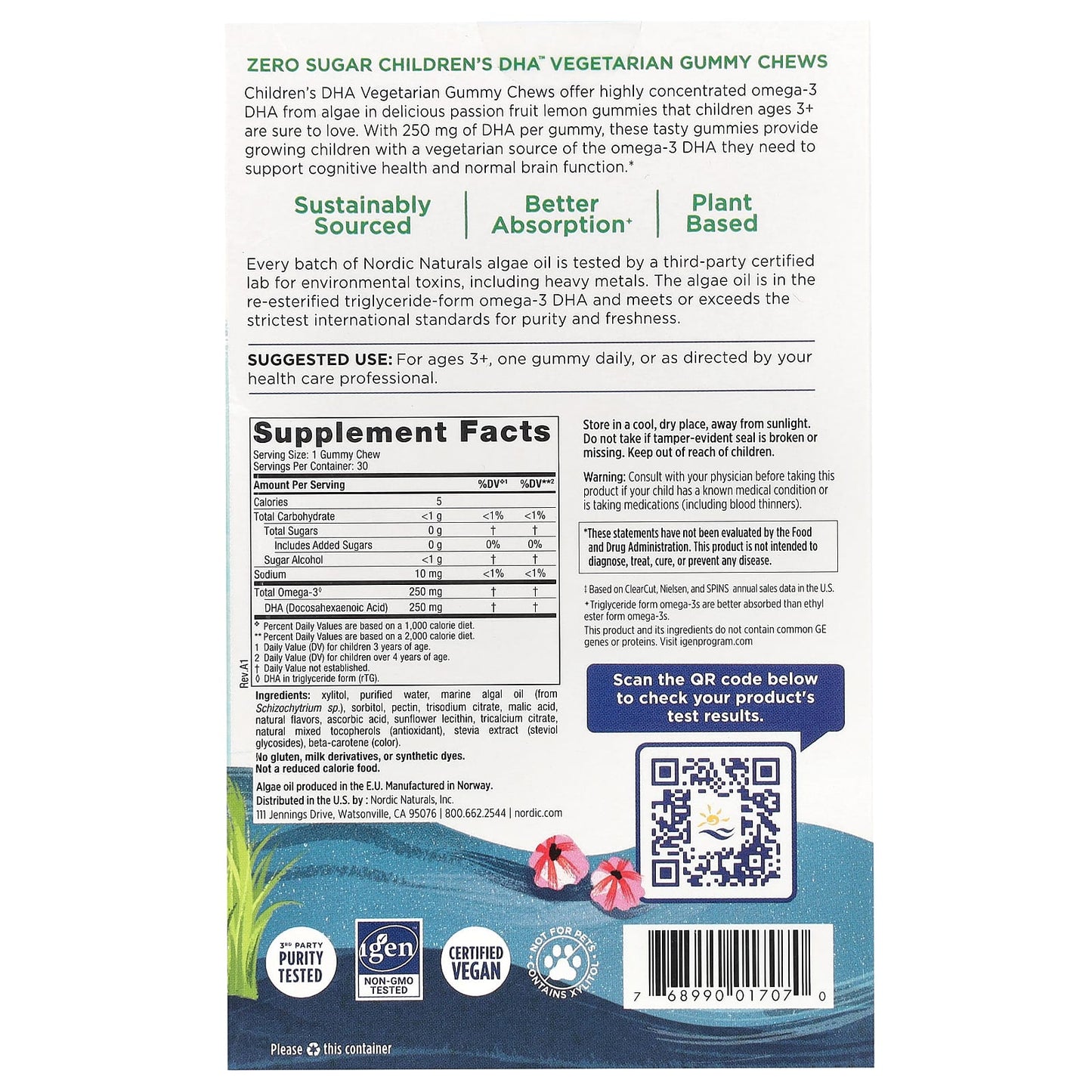 Nordic Naturals, Zero Sugar Children's DHA™ Vegetarian Gummy Chews, 30 UPC 768990017070 | HiLife Vitamins