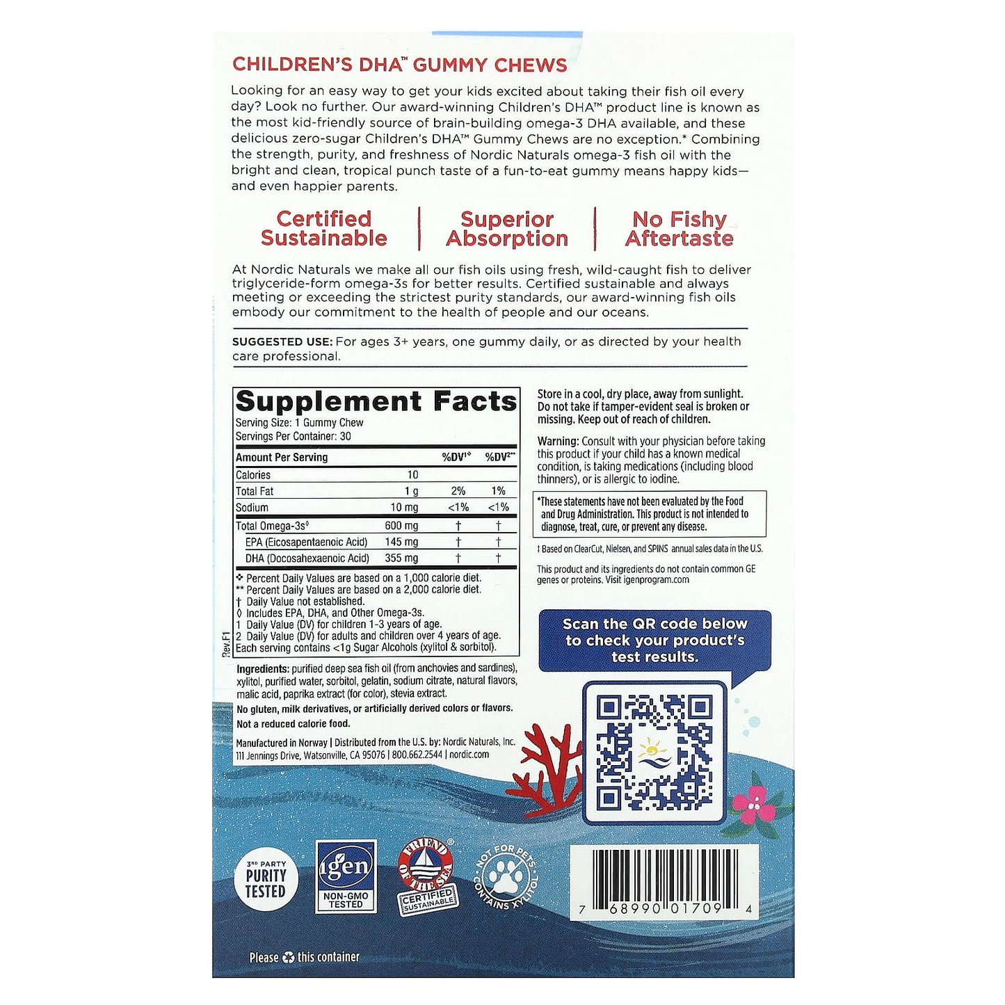 Nordic Naturals, Zero Sugar Children's DHA™ Gummy Chews, 30 UPC 768990017094 | HiLife Vitamins