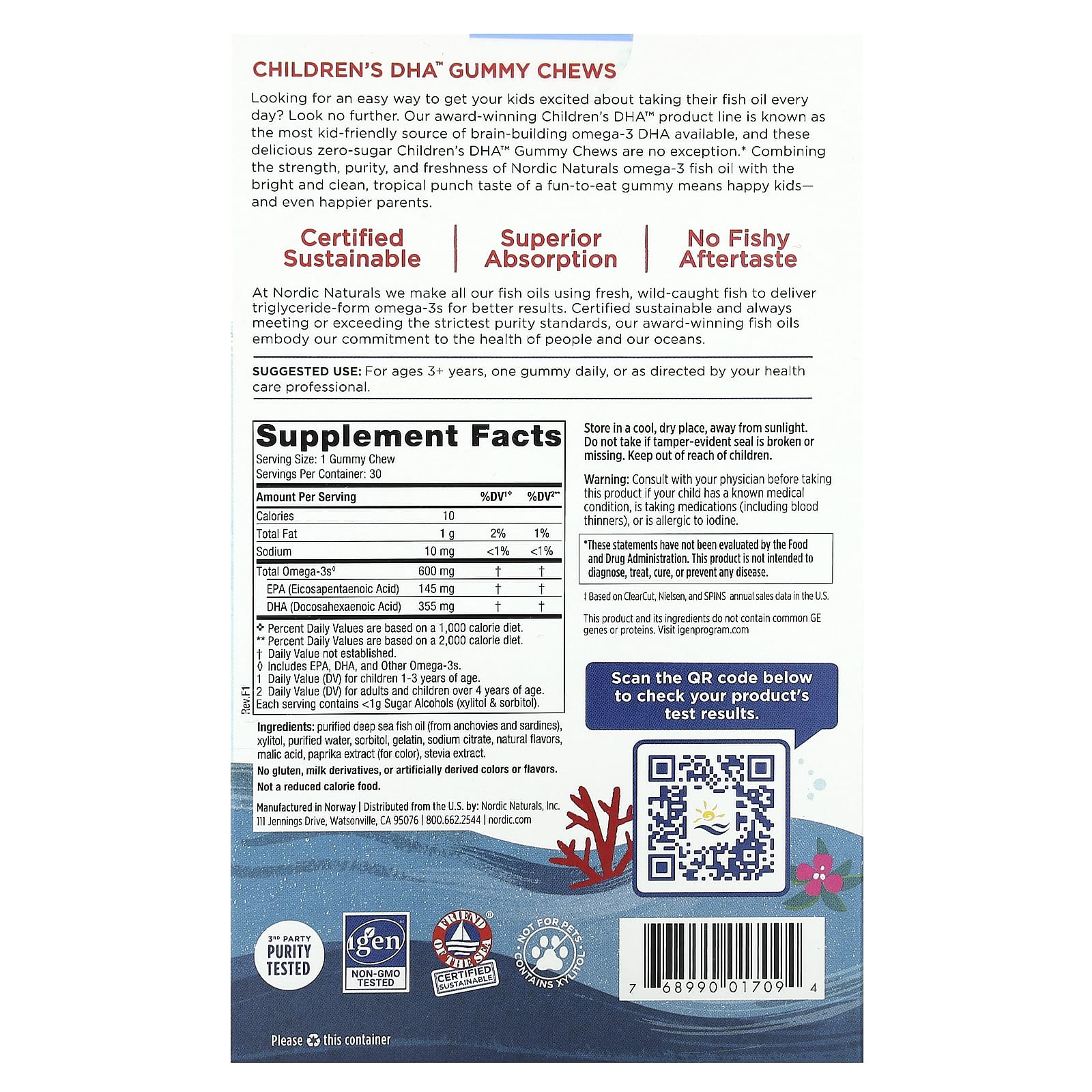 Nordic Naturals, Zero Sugar Children's DHA™ Gummy Chews, 30 UPC 768990017094 | HiLife Vitamins