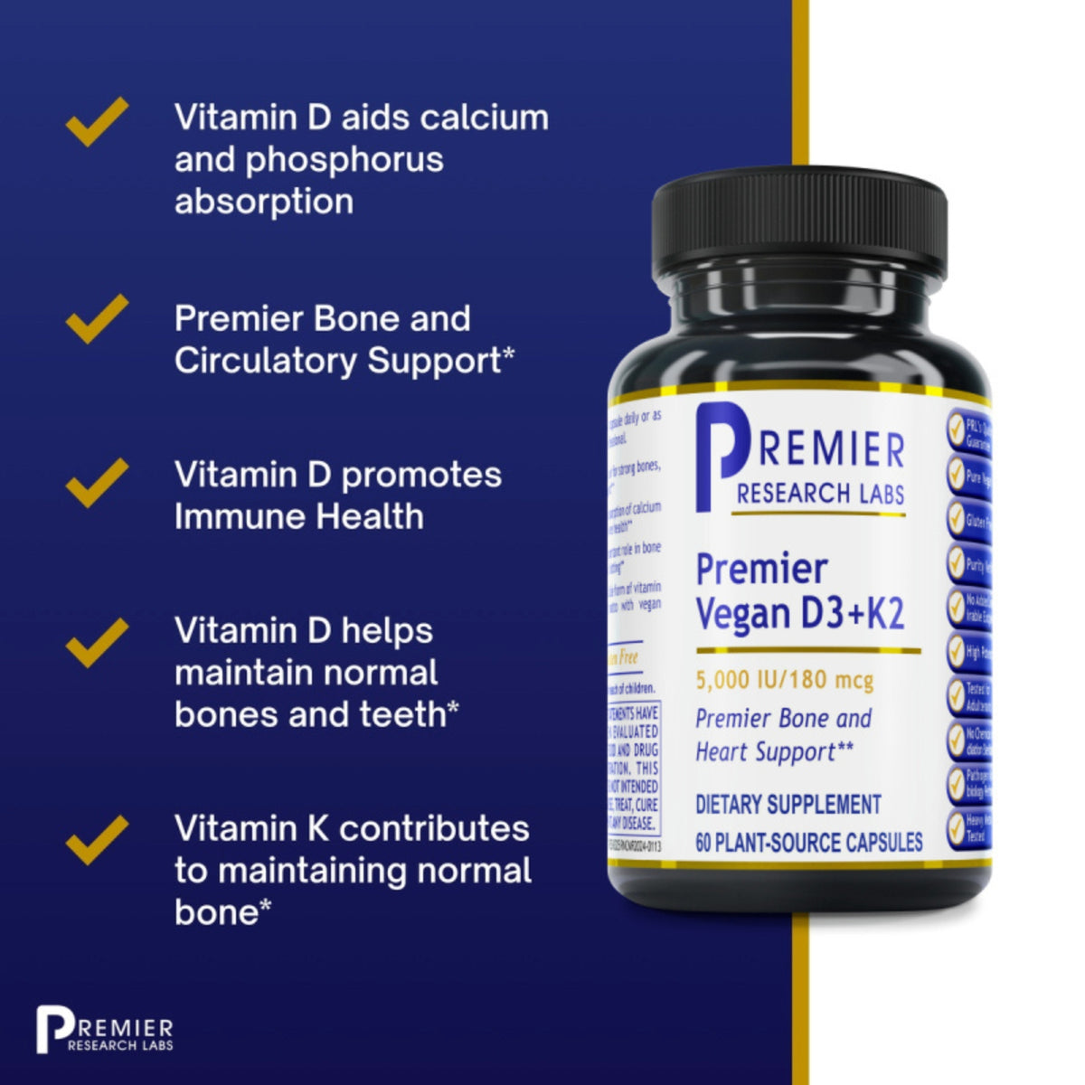 Premier Research Labs, Premier Vegan Vitamin D3 + K2, 60 Plant-Source Capsules