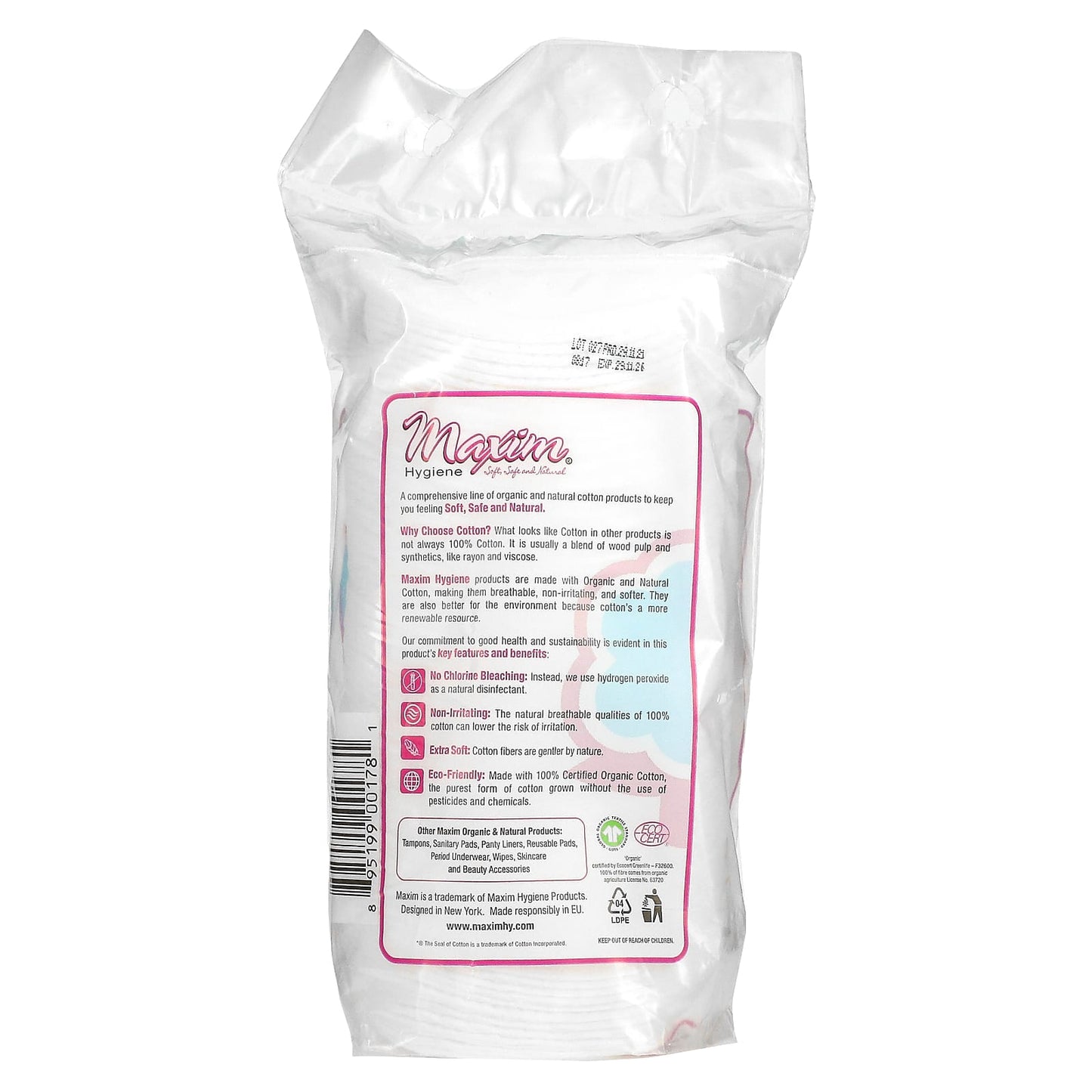 MAXIM, Organic Cotton Extra Large Oval Makeup Remover Pad, 50 CT UPC 895199001781 | Hilife Vitamins