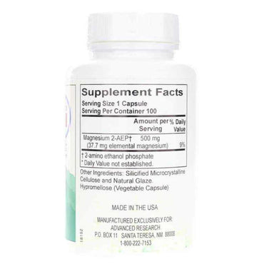 Advanced Research, 2-AEP Magnesium 500 mg, 100 Veggie Capsules UPC 605164343224 | HiLife Vitamins