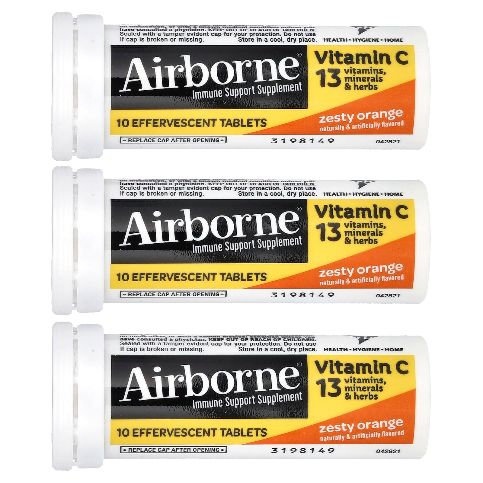 Airborne, Airborne Effervescent Triple Pack Zesty Orange, 3 Chewables UPC 647865100300 | Hilife Vitamins