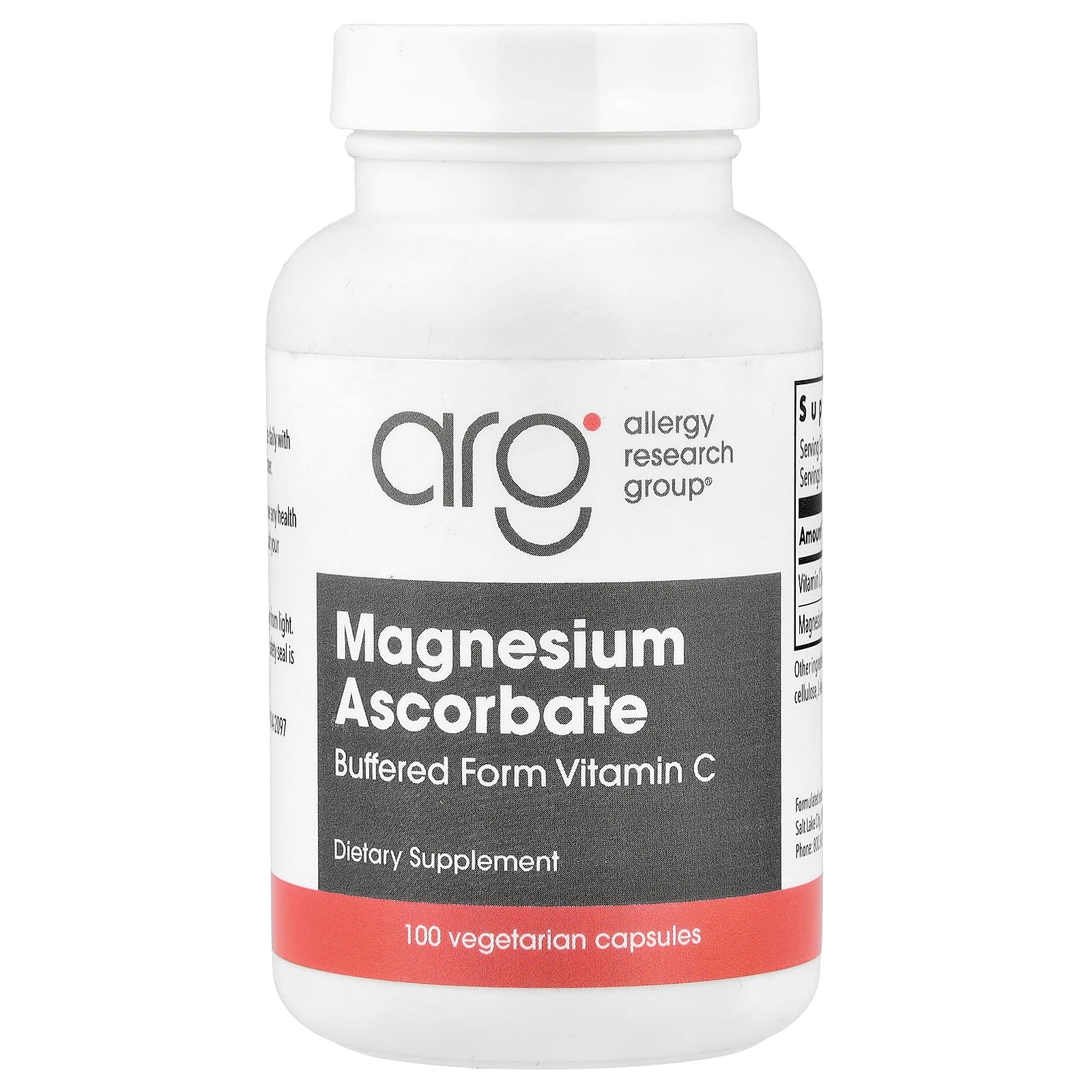 Allergy Research Group, Magnesium Ascorbate, 100 Vegetarian Capsules UPC 713947700901 | HiLife Vitamins
