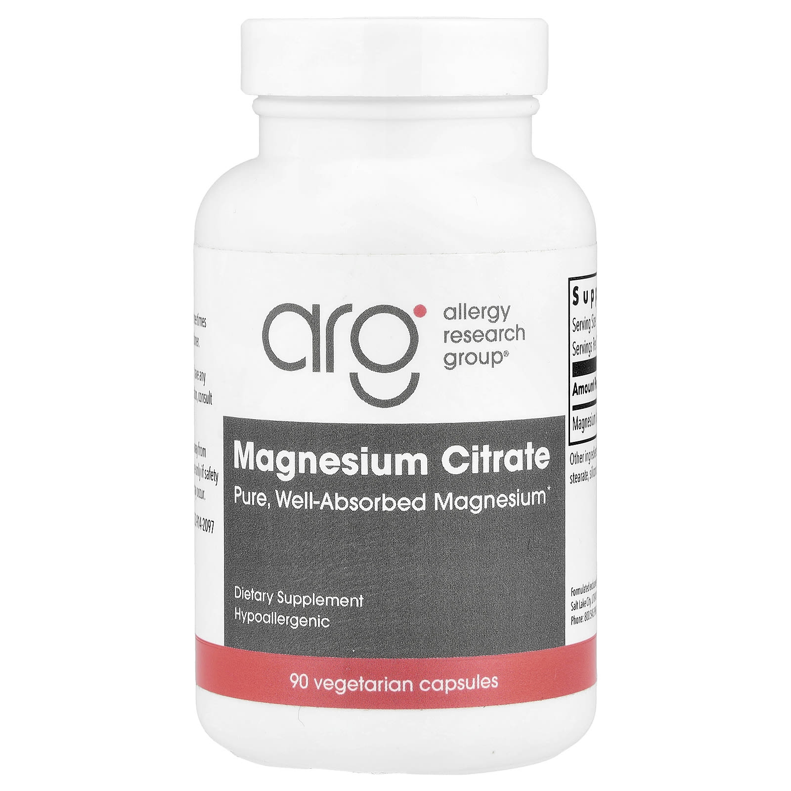 Allergy Research Group, Magnesium Citrate, 170 mg, 90 Vegetarian Capsules UPC 713947702400 | HiLife Vitamins