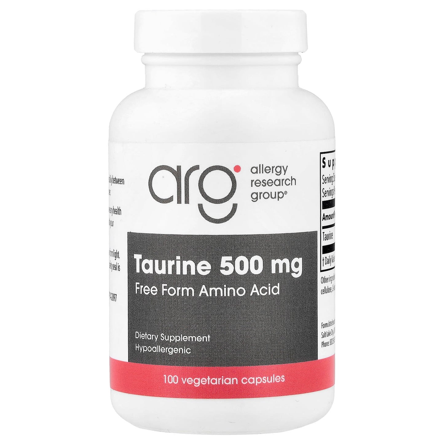 Allergy Research Group, Taurine, 500 mg, 100 Vegetarian Capsules UPC 713947706200 | HiLife Vitamins