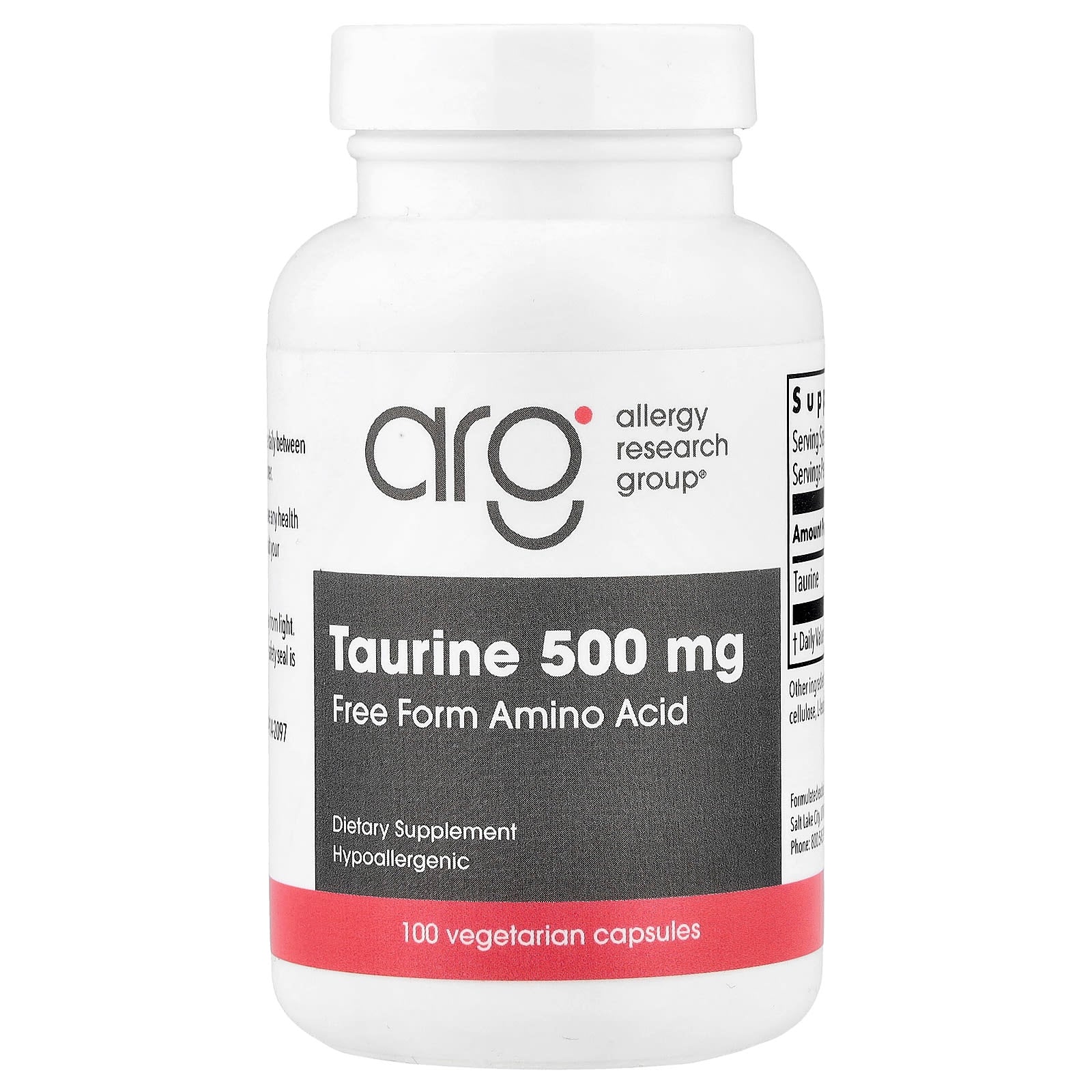 Allergy Research Group, Taurine, 500 mg, 100 Vegetarian Capsules UPC 713947706200 | HiLife Vitamins