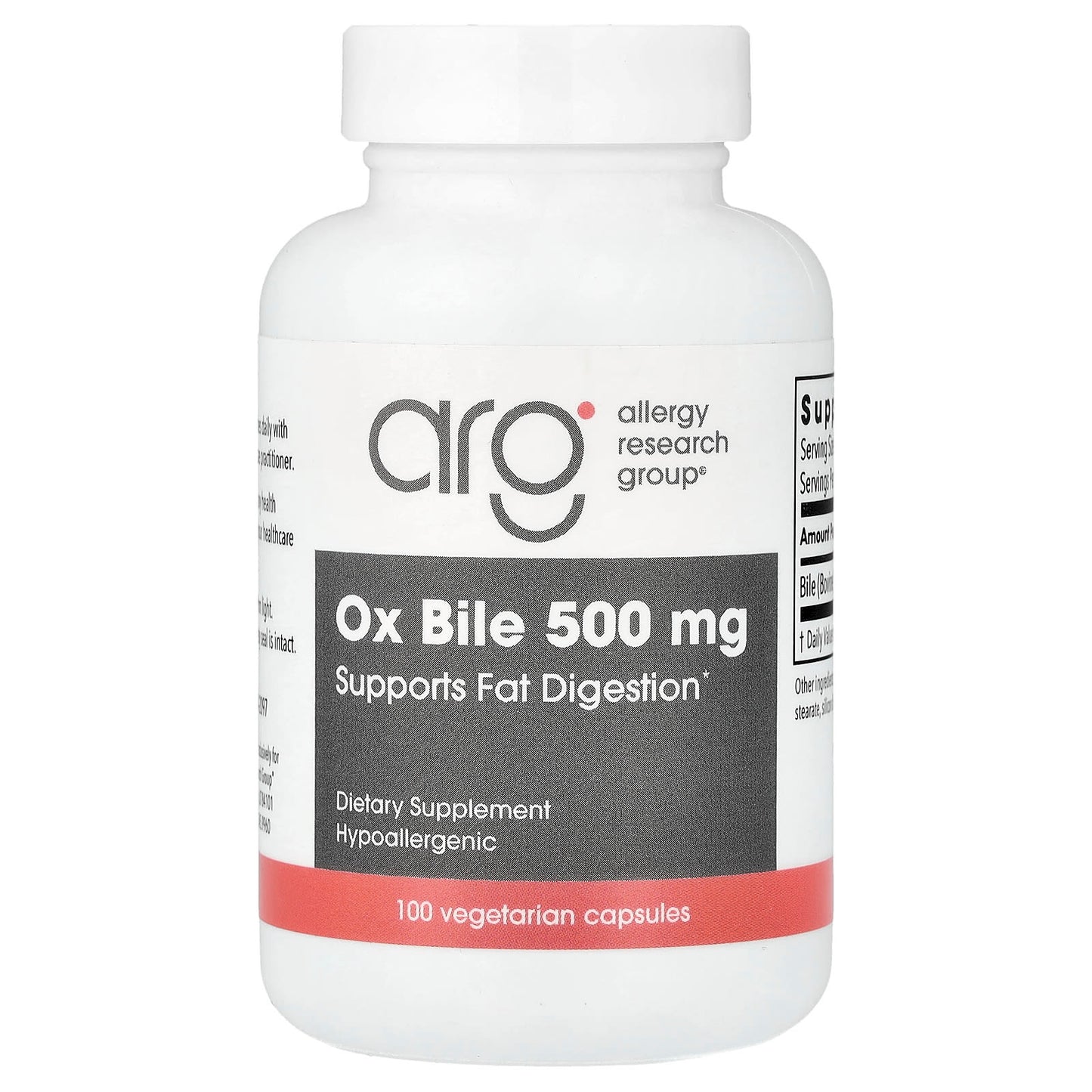 Allergy Research Group, Ox Bile, 500 mg, 100 Vegetarian Capsules UPC 713947708501 | HiLife Vitamins