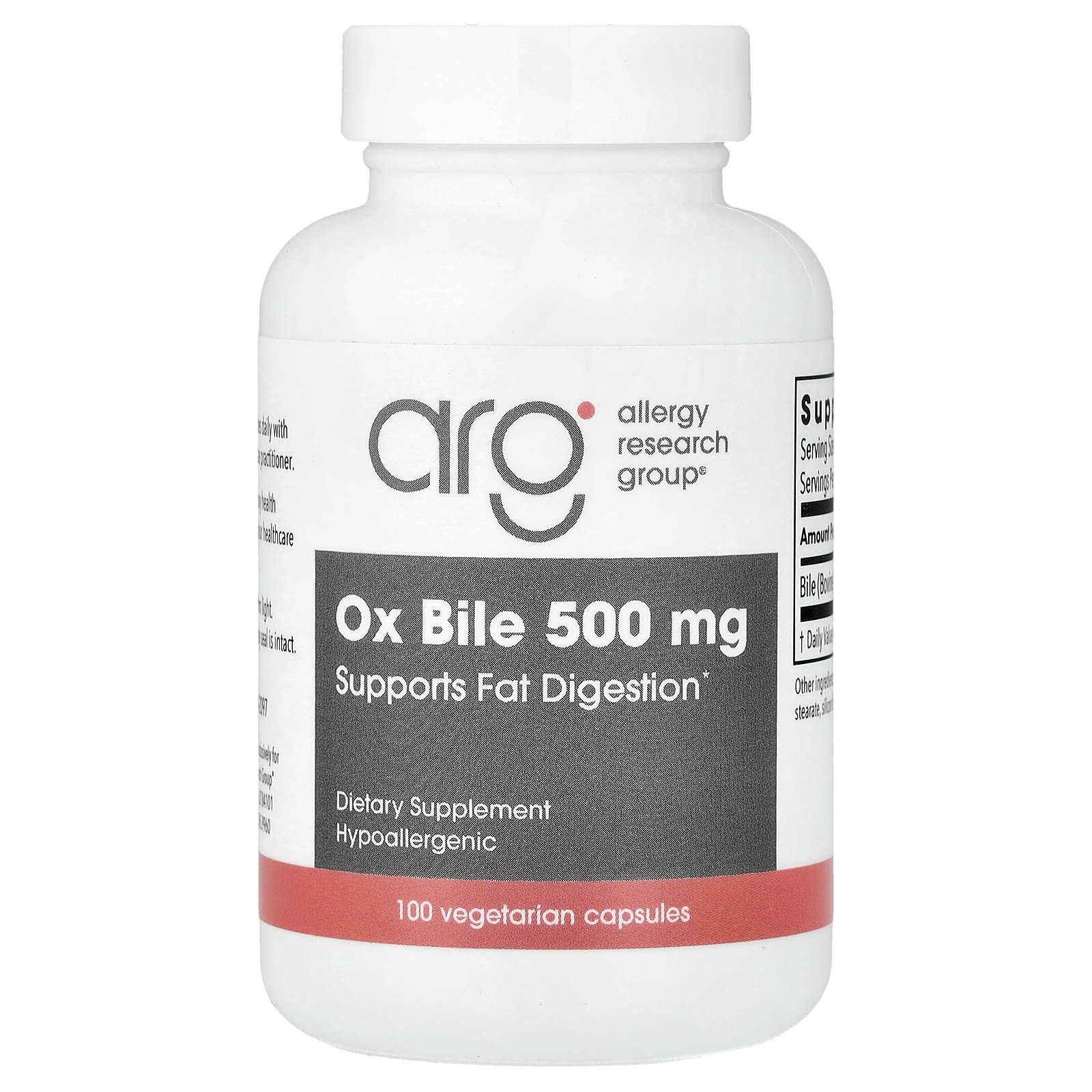 Allergy Research Group, Ox Bile, 500 mg, 100 Vegetarian Capsules UPC 713947708501 | HiLife Vitamins
