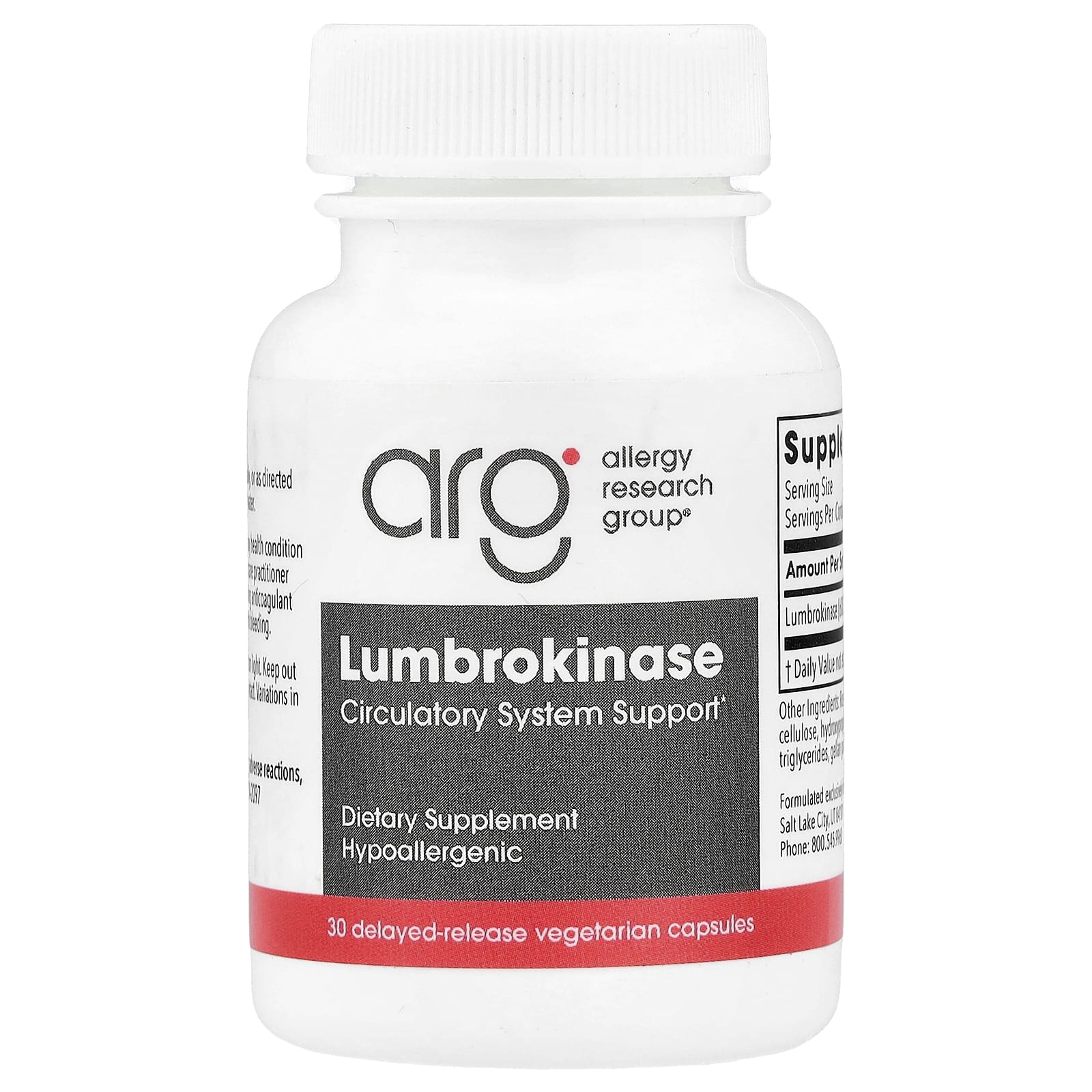Allergy Research Group, Lumbrokinase, 30 Delayed-Release Vegetarian Capsules UPC 713947748705 | HiLife Vitamins