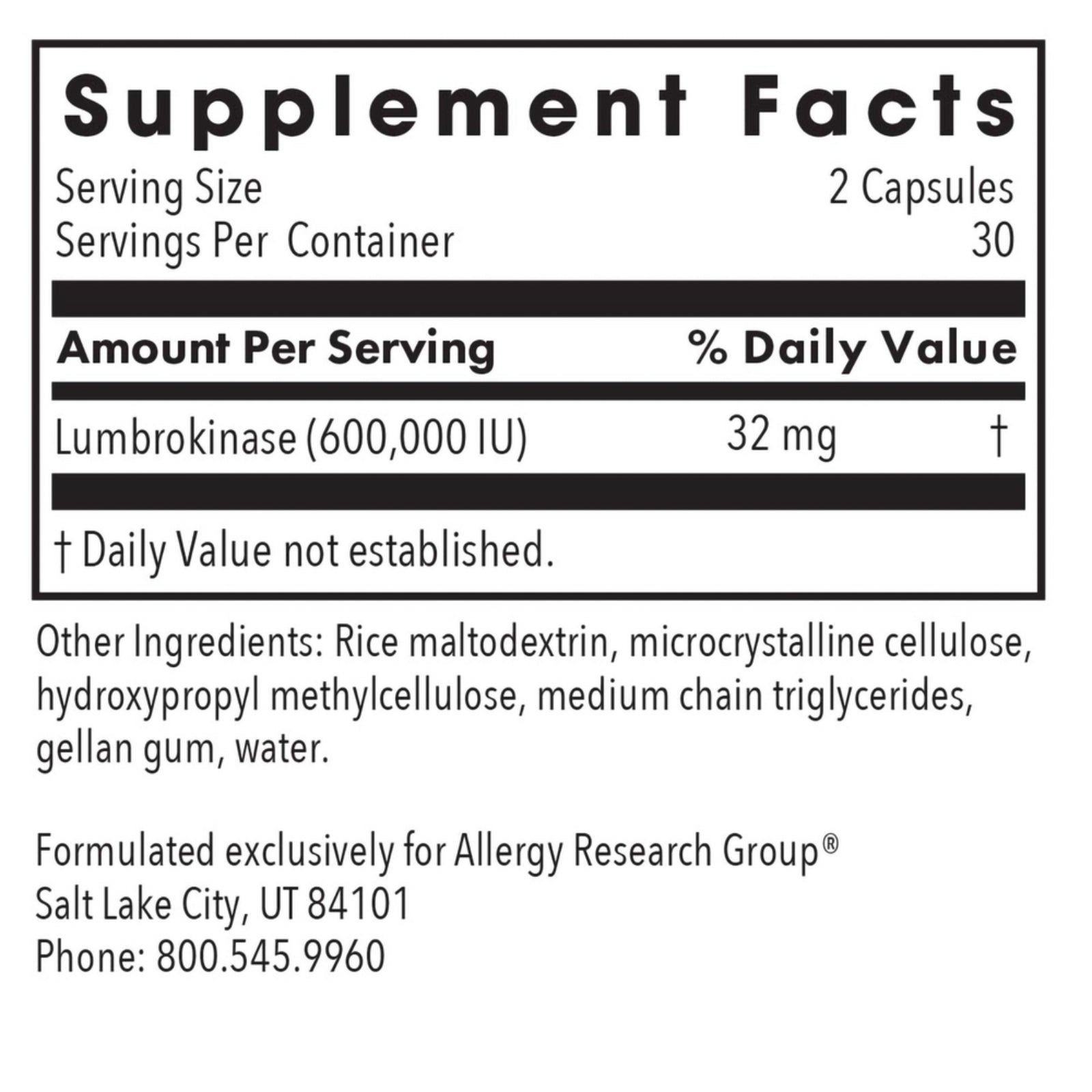 Allergy Research Group, Lumbrokinase, 60 Delayed-Release Vegetarian Capsules UPC 713947761407 | Hilife Vitamins