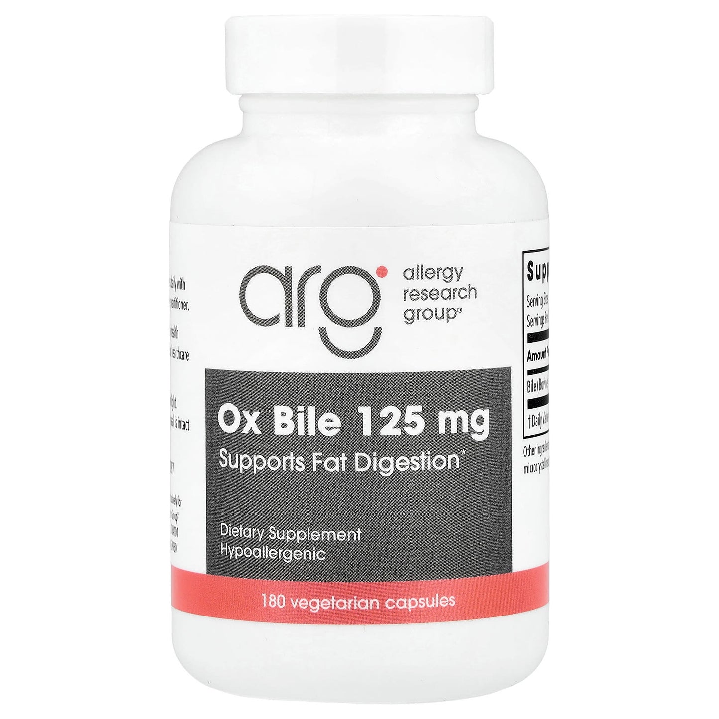 Allergy Research Group, Ox Bile, 125 mg, 180 Vegetarian Capsules UPC 713947763708 | HiLife Vitamins