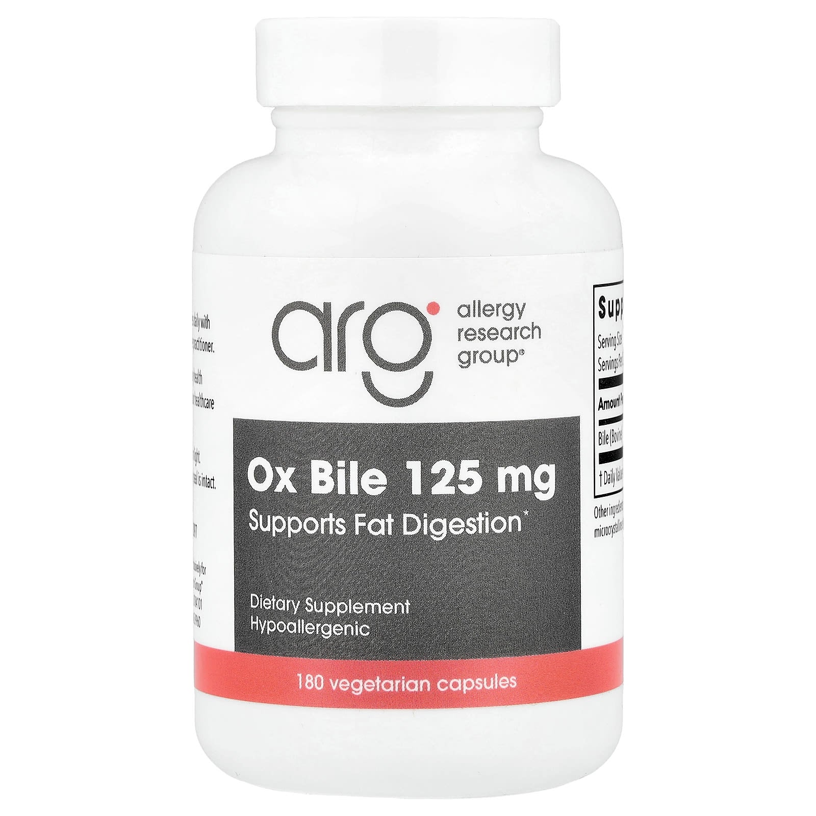 Allergy Research Group, Ox Bile, 125 mg, 180 Vegetarian Capsules UPC 713947763708 | HiLife Vitamins