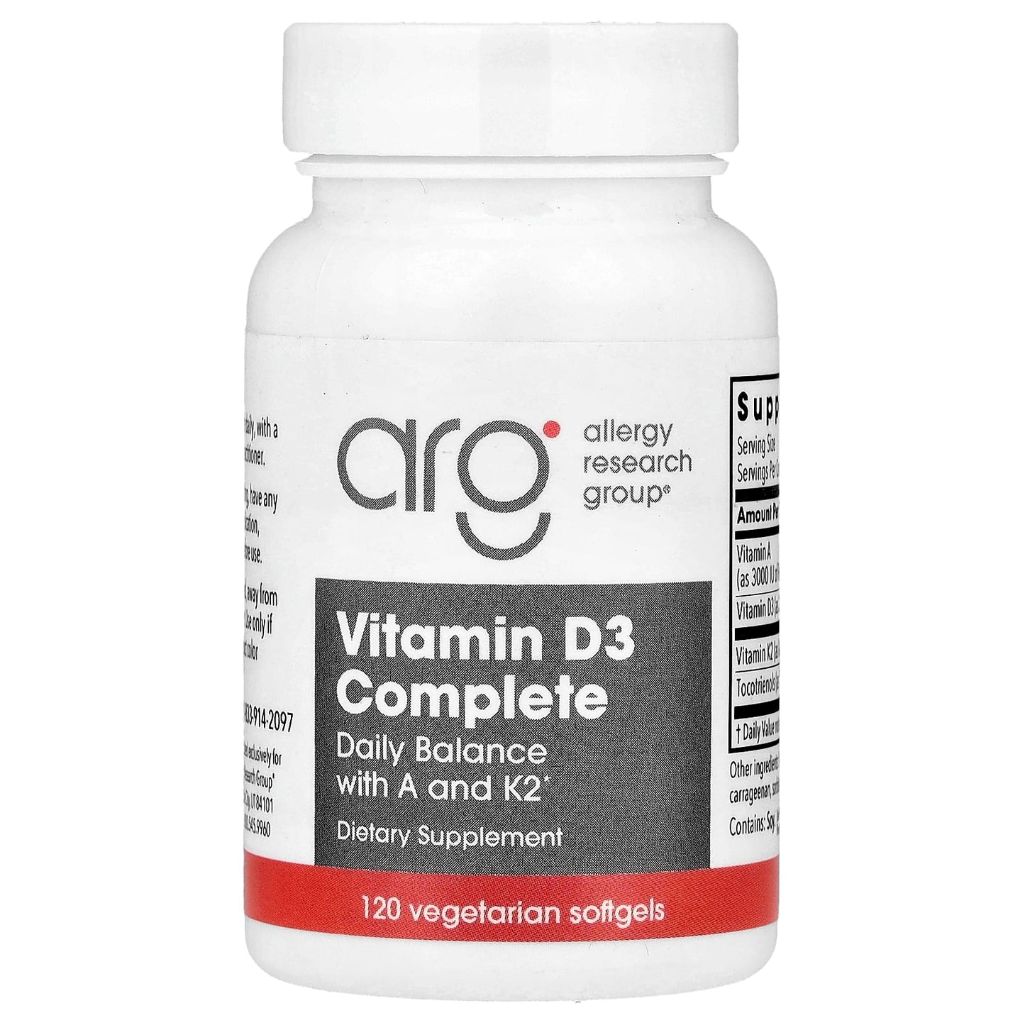 Allergy Research Group, Vitamin D3 Complete, Daily Balance With A & K2, 120 Vegetarian Softgels UPC 713947765818 | HiLife Vitamins