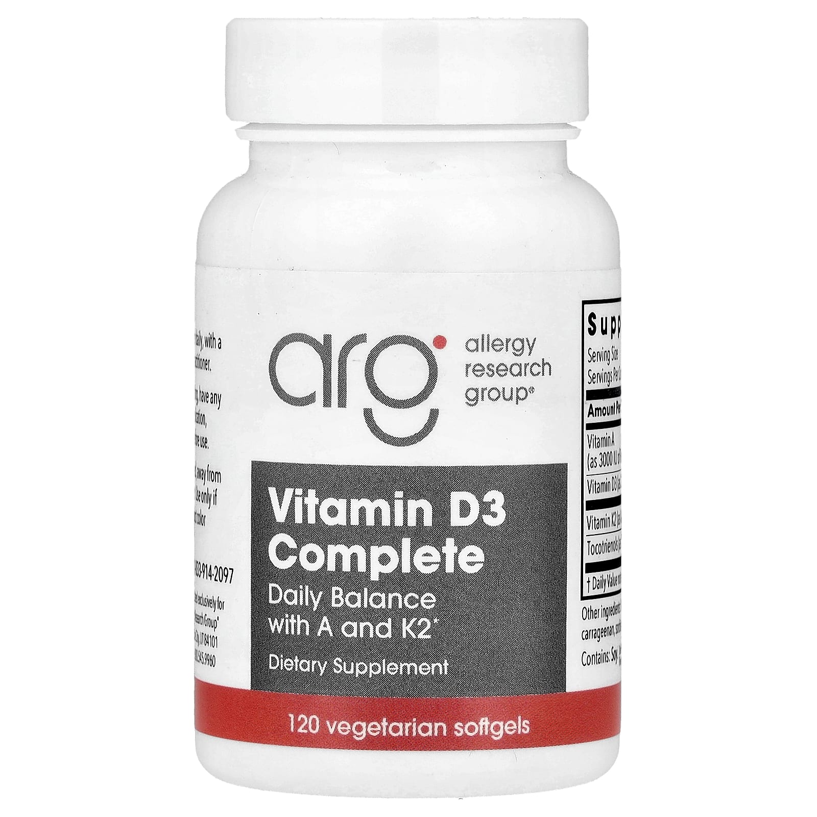 Allergy Research Group, Vitamin D3 Complete, Daily Balance With A & K2, 120 Vegetarian Softgels UPC 713947765818 | HiLife Vitamins