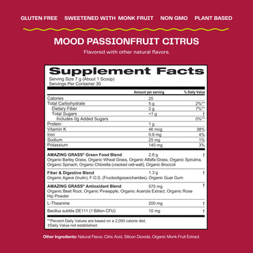 Amazing Grass, Greens Blend, Mood, Passionfruit Citrus, 7.4 oz (210 G) UPC 829835009152 | HiLife Vitamins