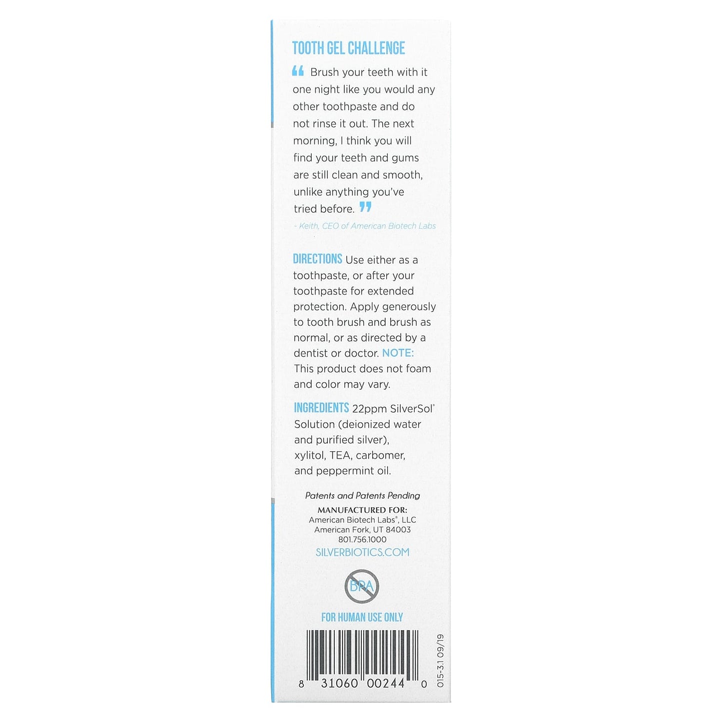 American Biotech Labs, Silver Biotics, Tooth Gel, Glacial Mint, 4 oz UPC 831060002440 | Hilife Vitamins
