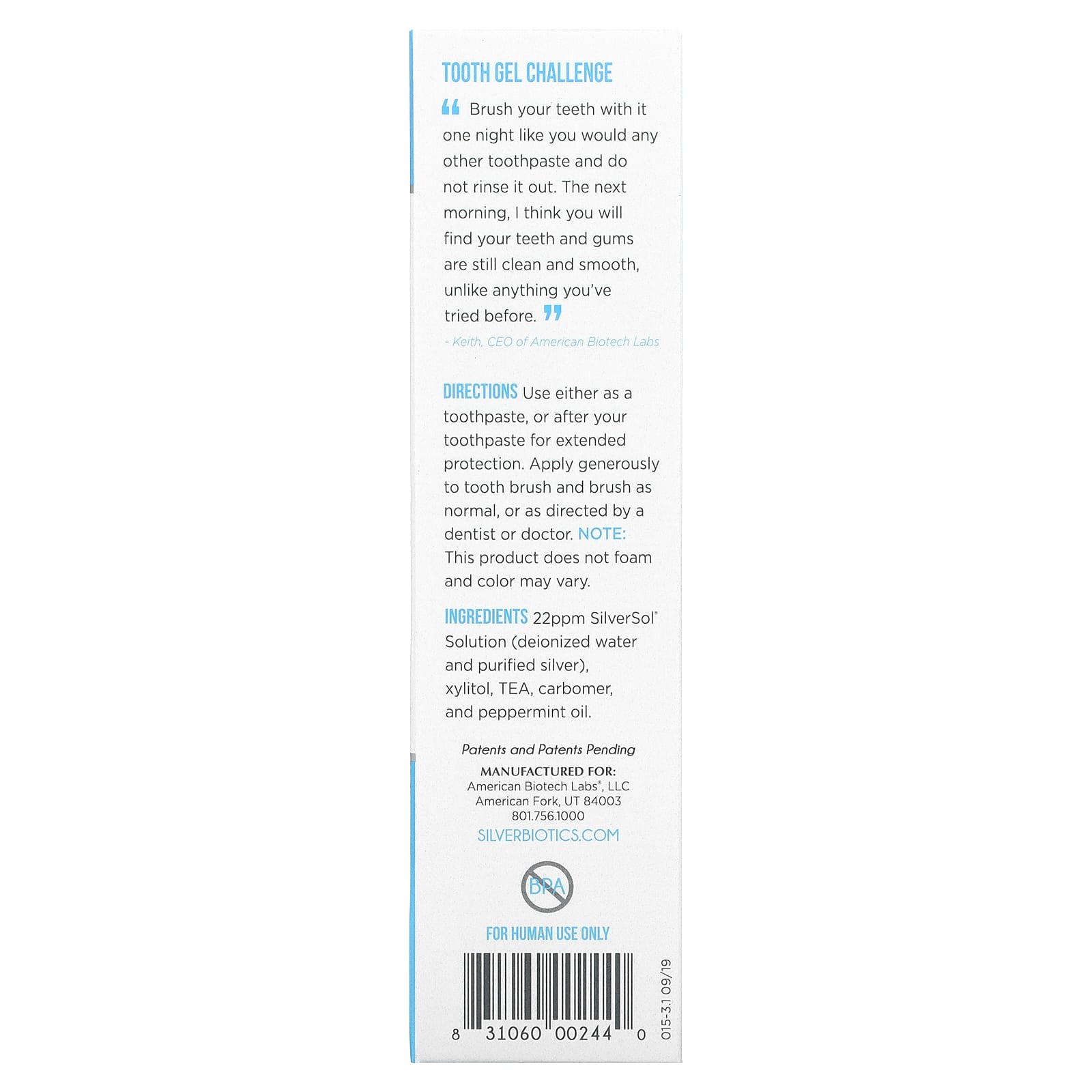 American Biotech Labs, Silver Biotics, Tooth Gel, Glacial Mint, 4 oz UPC 831060002440 | Hilife Vitamins