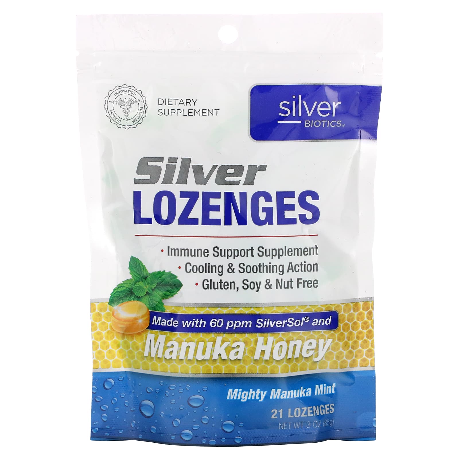 American Biotech Labs, Silver Biotics, Silver Lozenges with Manuka Honey, 21 Lozenges UPC 831060004901 | Hilife Vitamins